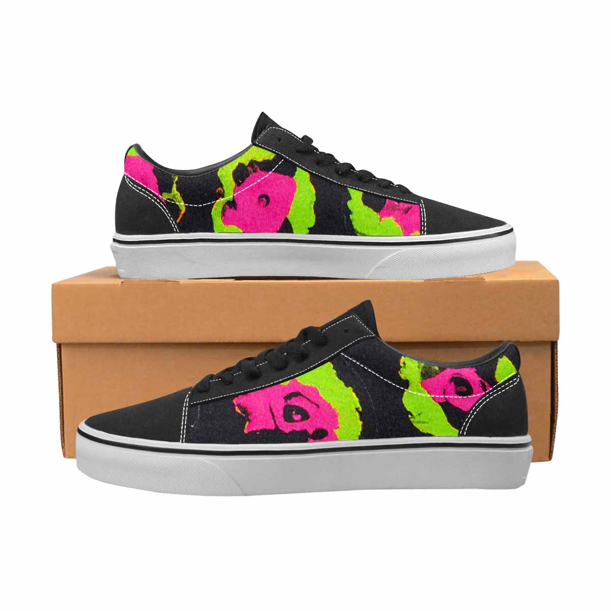WOMEN'S Leopard Neon Rosette Black Canvas Lace-Up Cottagecore Custom Sneakers