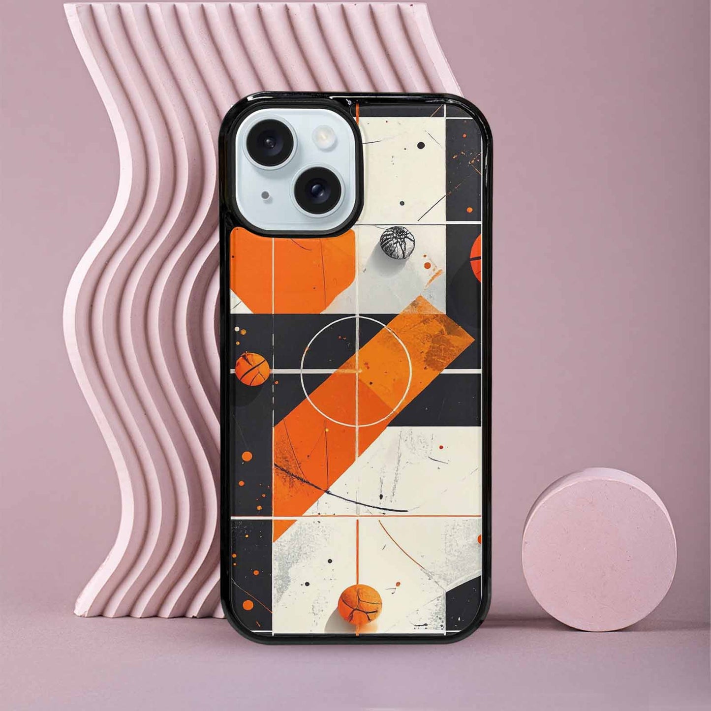 iPhone 15 Case — Basketball Pattern Court Lines And Balls, Unique Phone Case Design