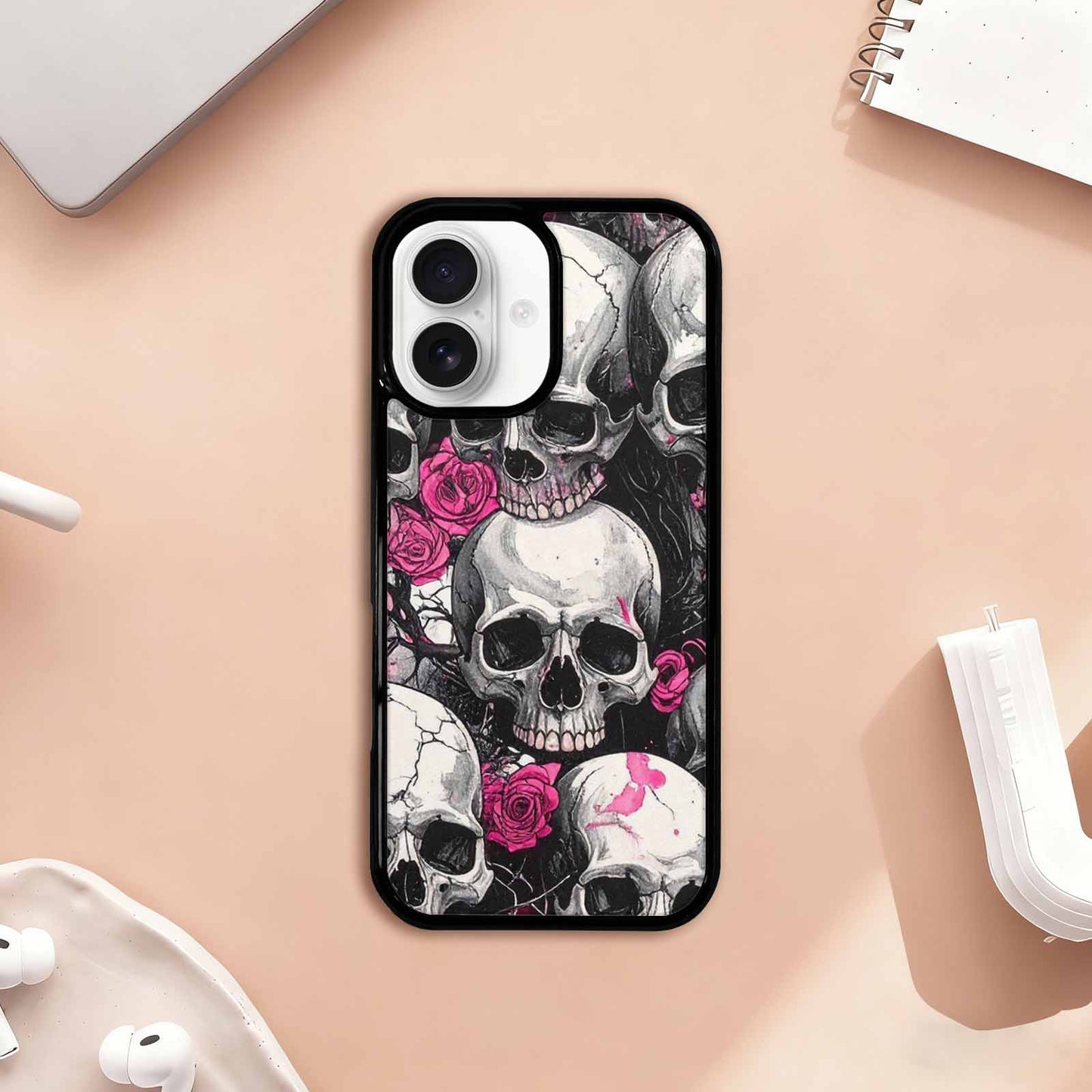 iPhone 17 Case — Black & Pink Ink Gothic Skulls, Custom Phone Case