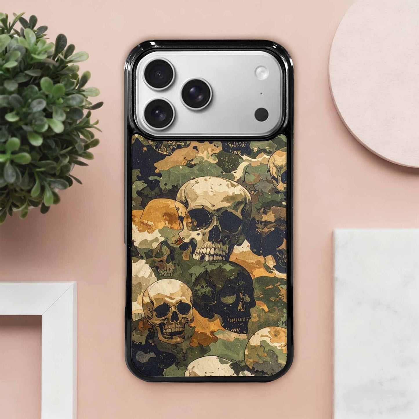iPhone 17 Pro Max Case — Military Camo Texture Combined Gothic Skulls, Custom Art Phone Cover