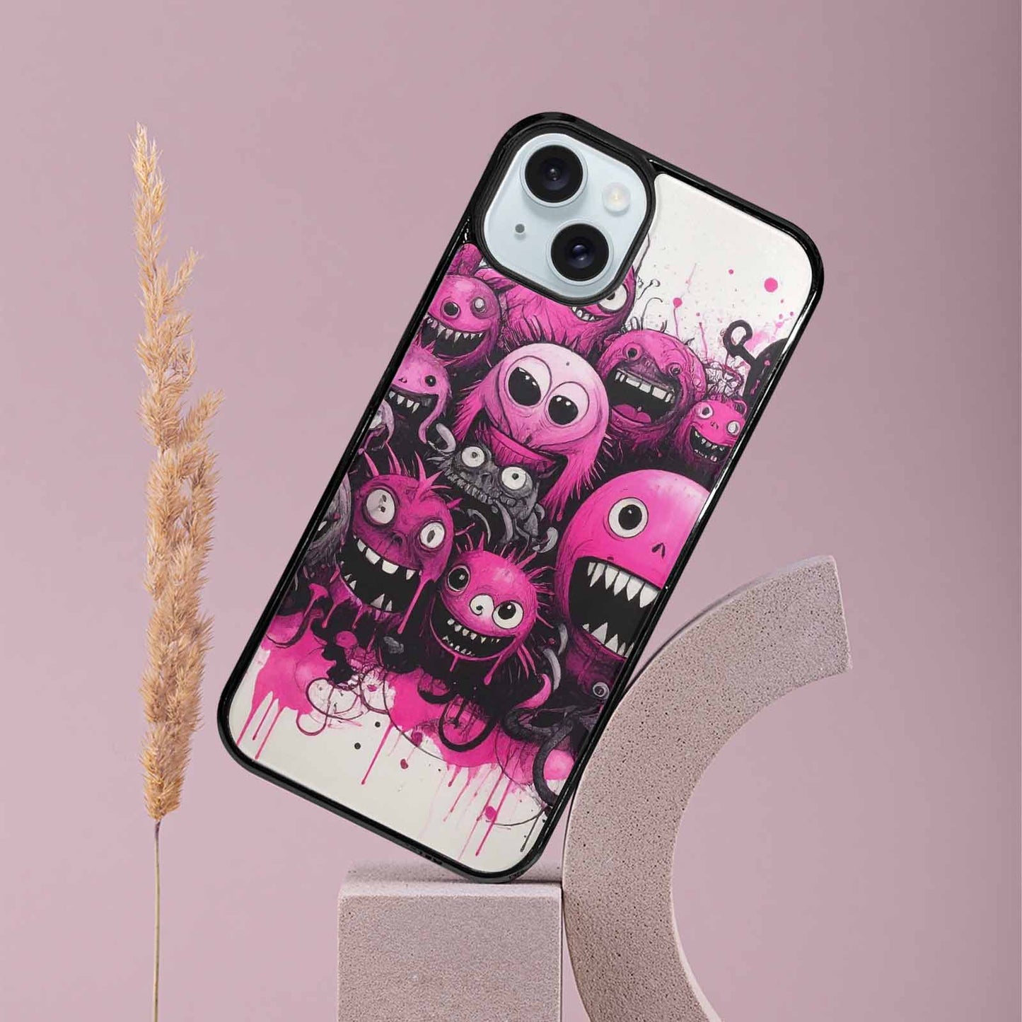 iPhone 15 Plus Case — Monsters General Black Pink Ink Cartoon, Custom Art Phone Cover
