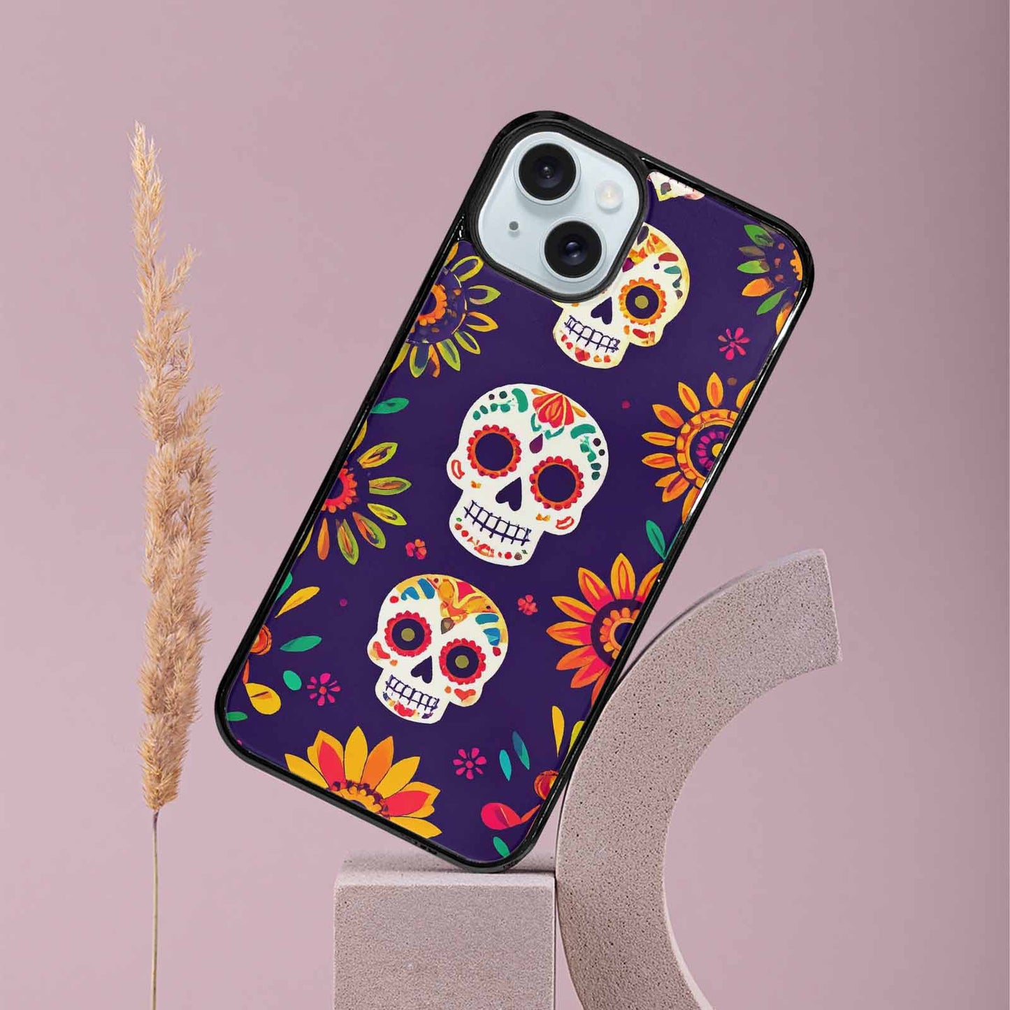 iPhone 15 Plus Case — Sunflowers Hundreds Of Skulls Art Seamless, Custom Printed Phone Case
