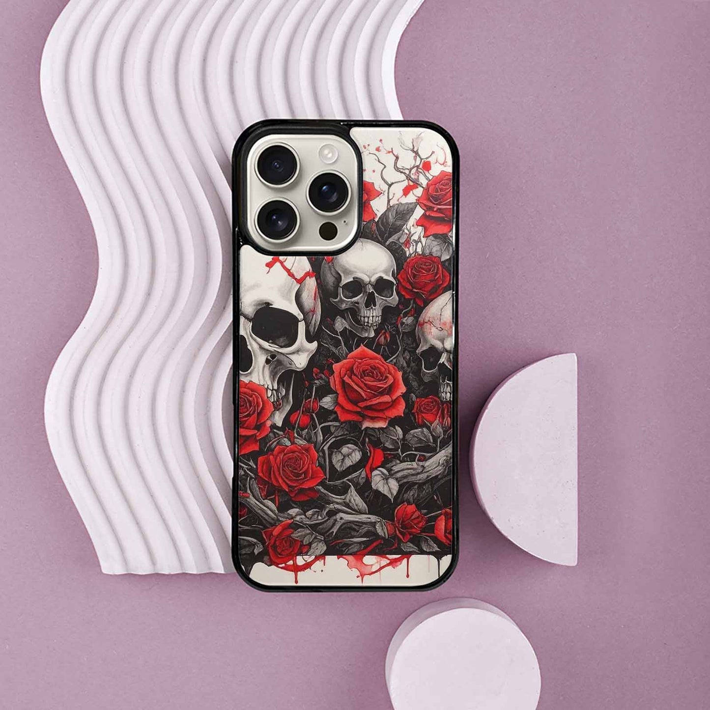 iPhone 16 Pro Max Case — Skull And Roses Black Red Ink, Original Design Phone Case