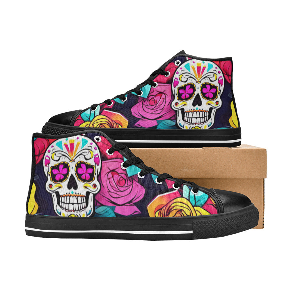 WOMEN'S Colorful Sugar Skull Roses High Top Canvas Wallpaper Art Custom Shoes
