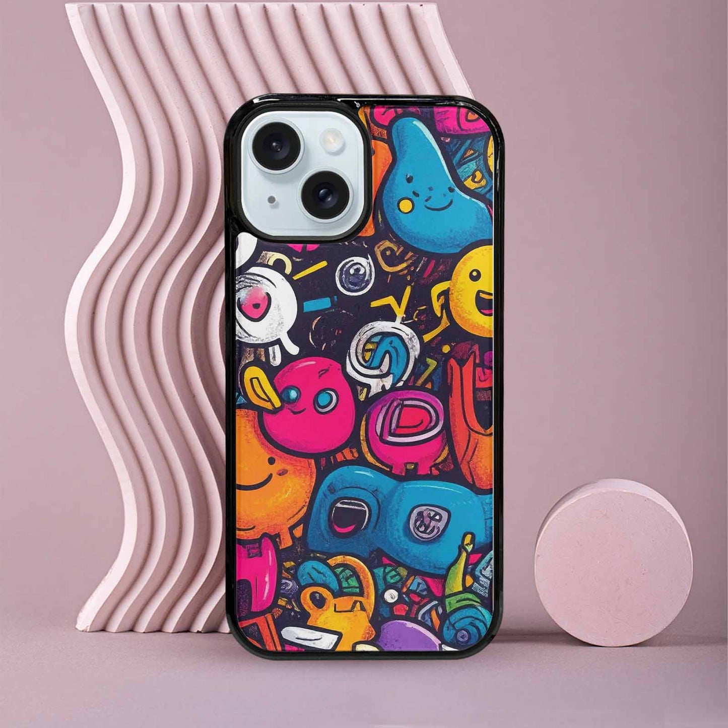 iPhone 15 Case — Hand Drawn Icon Doodle Pattern Hundreds, Customized Protective Case