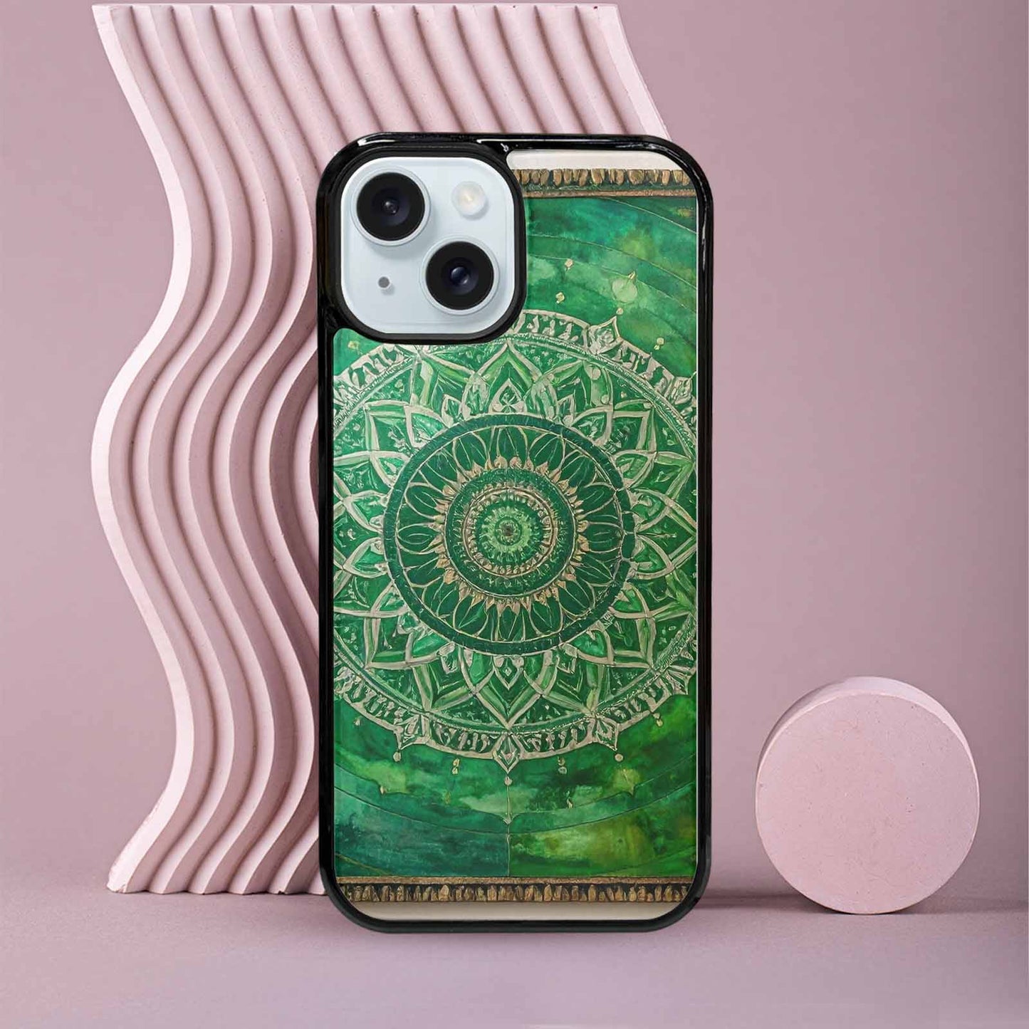 iPhone 15 Case — Green Mandala Bohemian Print Edge To, Custom Made Phone Cover