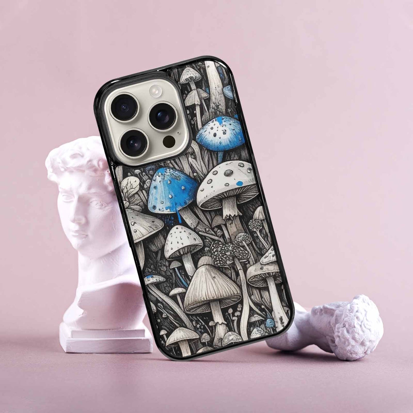 iPhone 16 Pro Case — Mushrooms General Black Blue Ink Mushrooms, Custom Art Phone Cover