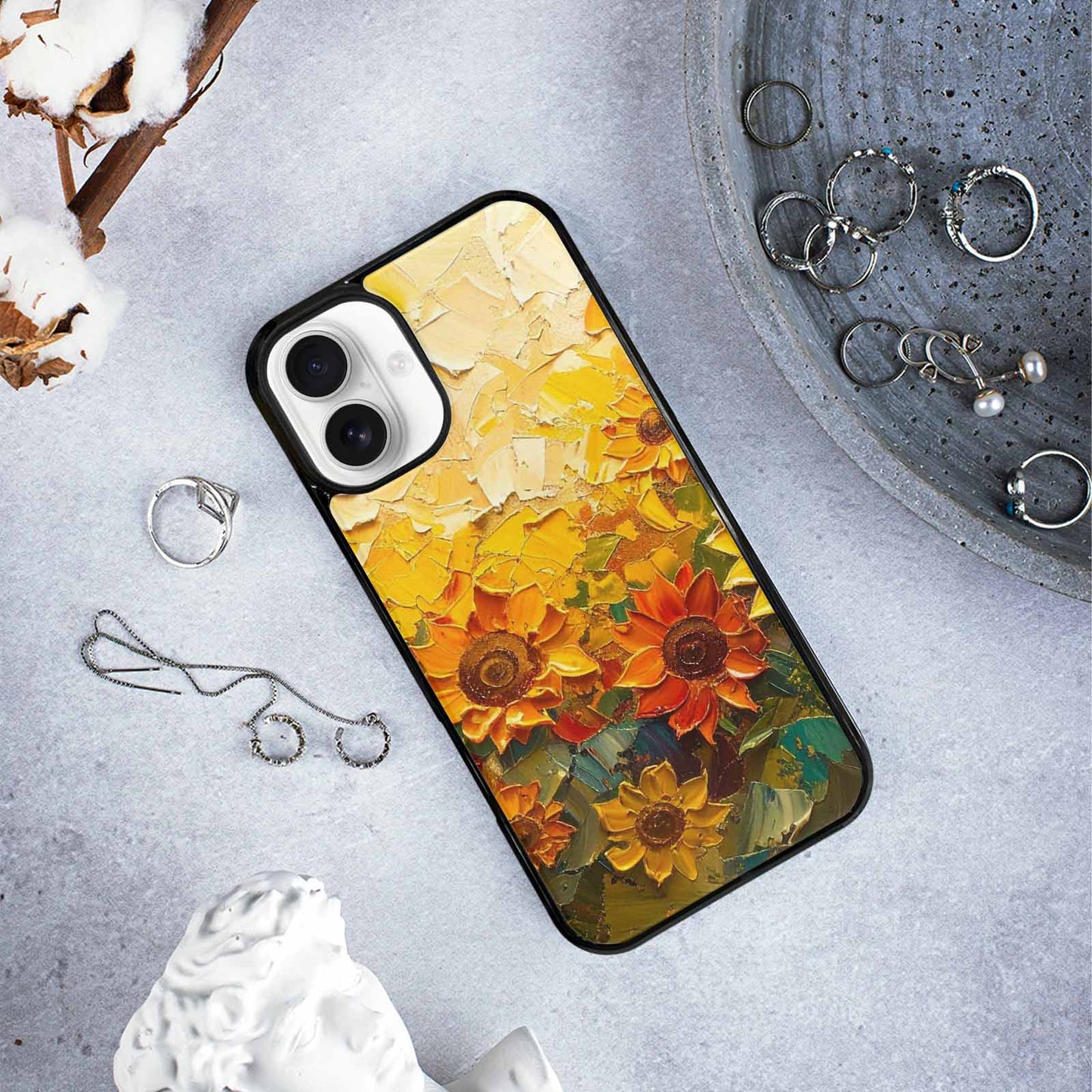 iPhone 16 Plus Case — Impressionist Sunflower Brushstroke Pattern Hundreds Of, Customized Protective Case