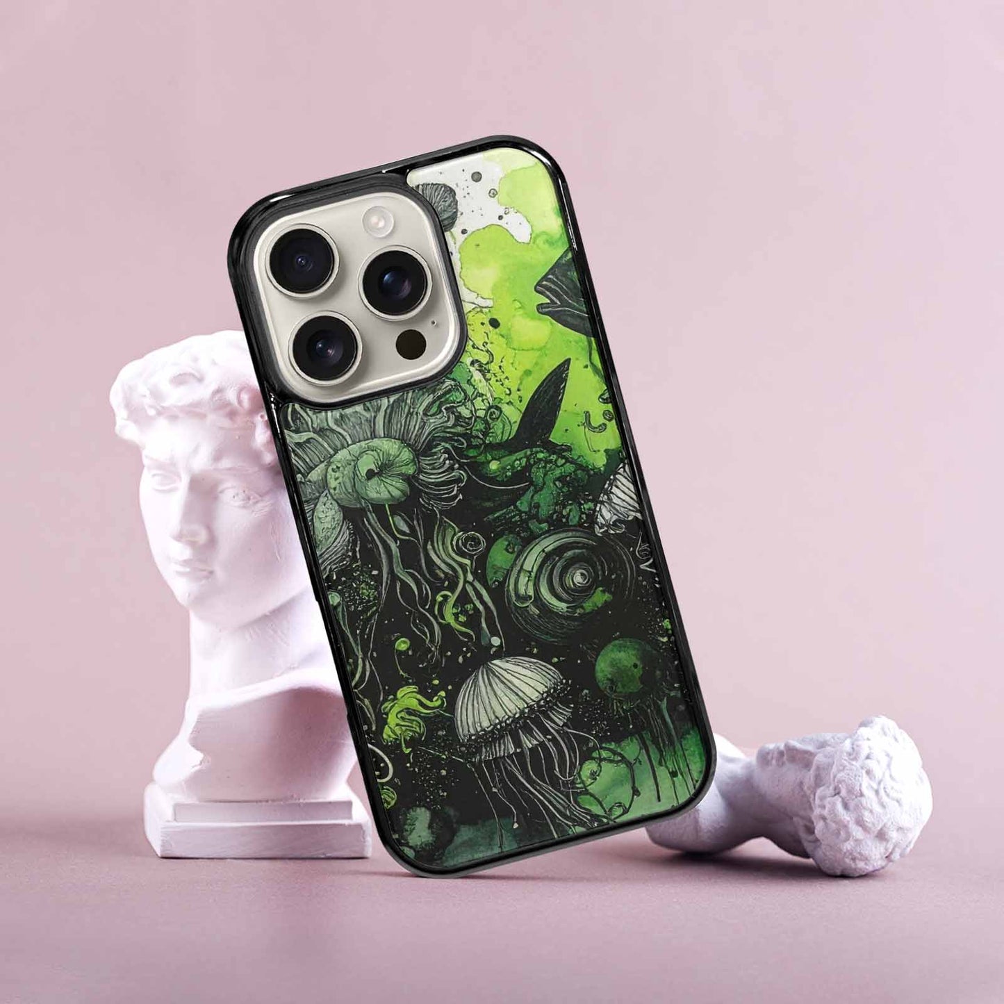 iPhone 16 Pro Case — Sea Creature Burst Black Green Ink, Original Design Phone Case