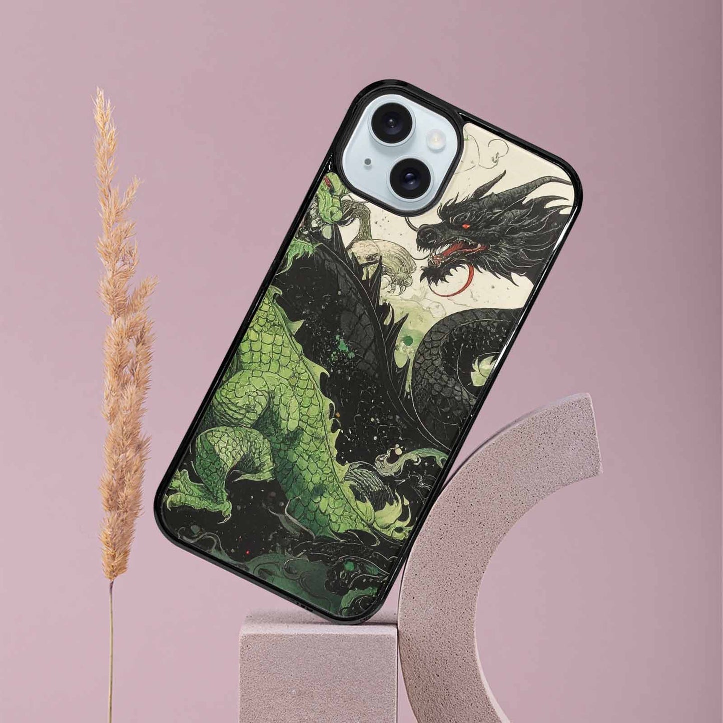 iPhone 15 Plus Case — Dragon Scale Black Green Ink Dragons, Custom Designed Case Cover