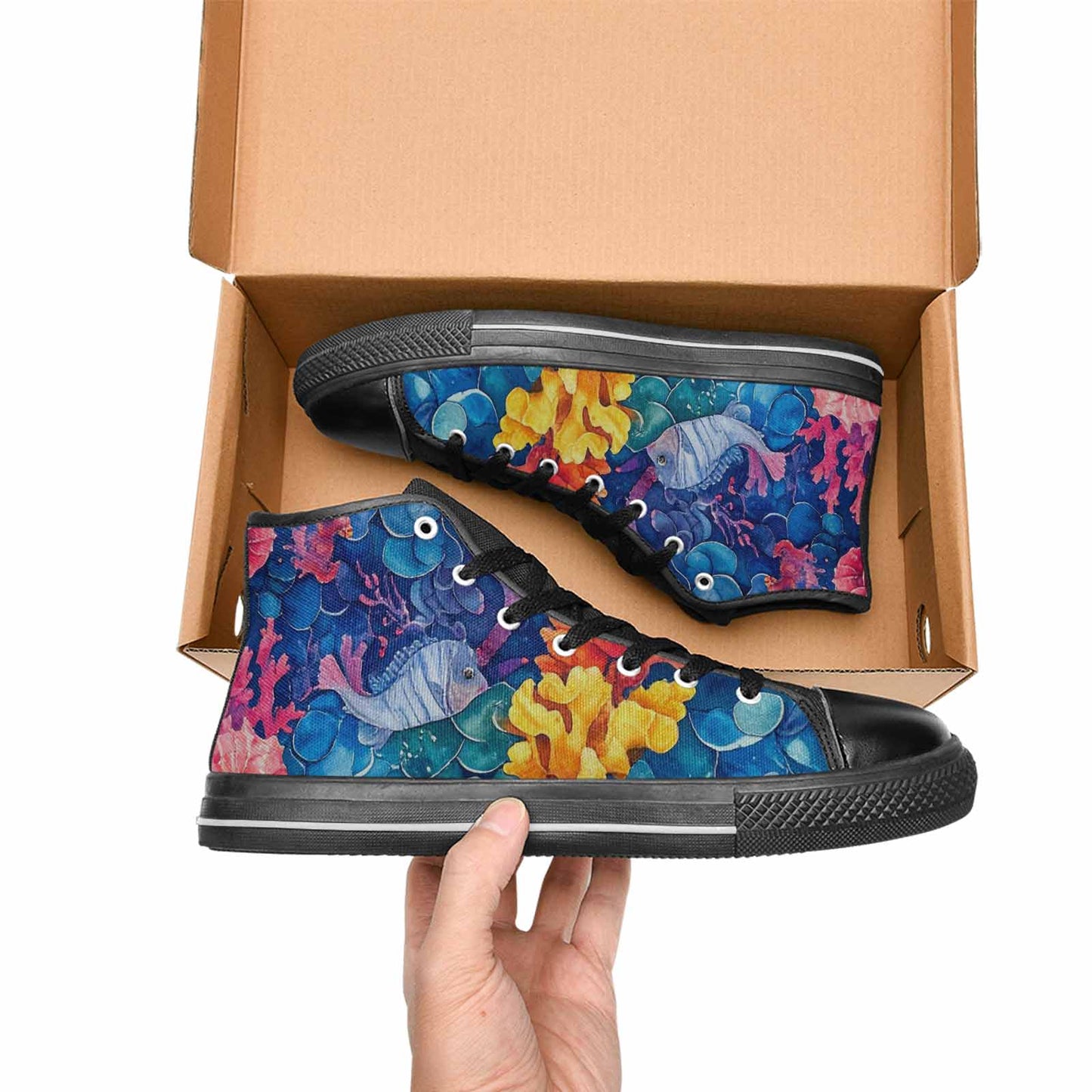 WOMEN'S Fish Scale Coral High Top Canvas Vibrant Chaos Custom Sneakers