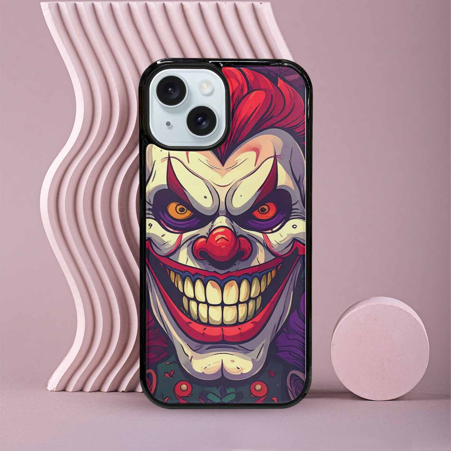 iPhone 15 Case — Evil Circus Heads Faces Overlapping Patterns, Custom Printed Phone Case