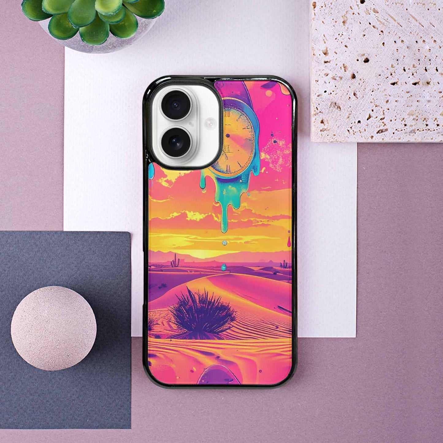iPhone 16 Case — Surrealist Dreamscape Pattern Melting Clocks Desert, Unique Phone Case Design
