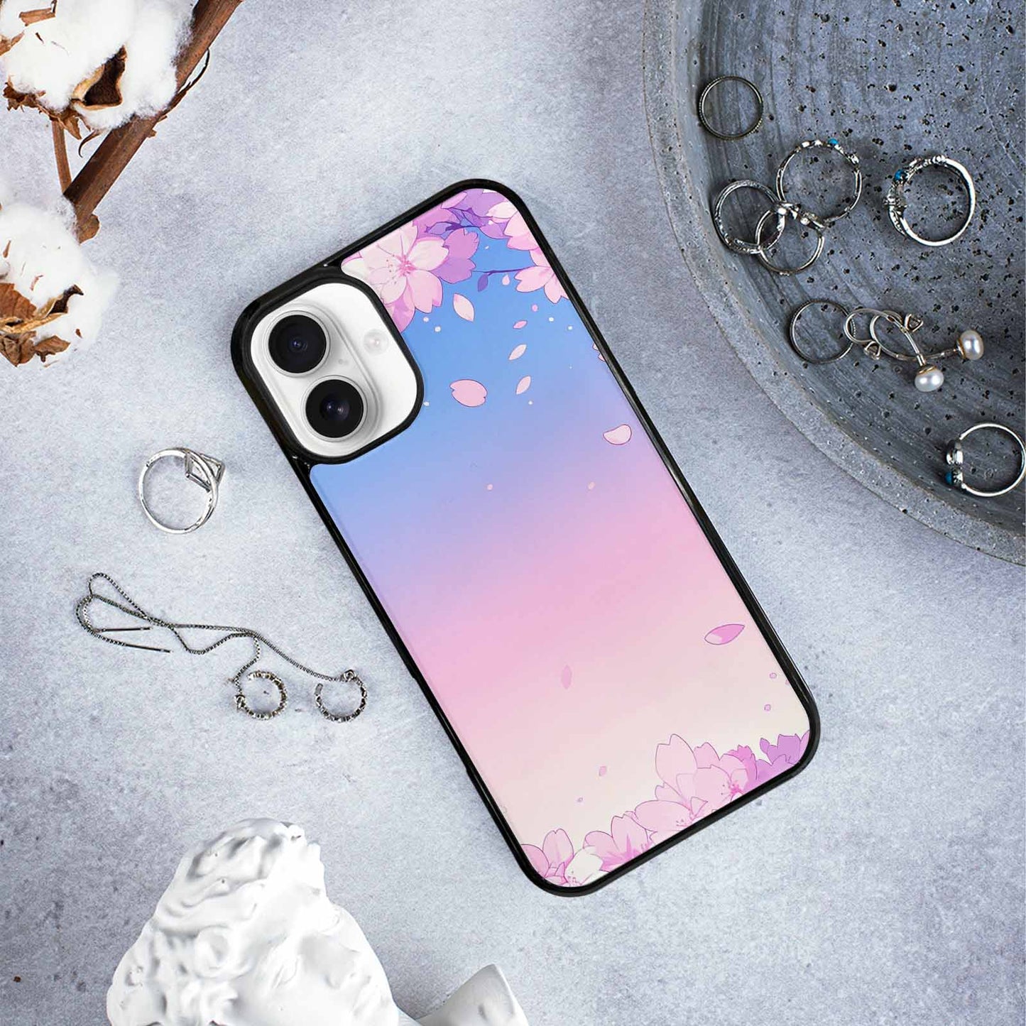 iPhone 16 Plus Case — Stylized Anime Style Cherry Blossom Petals, Original Design Phone Case
