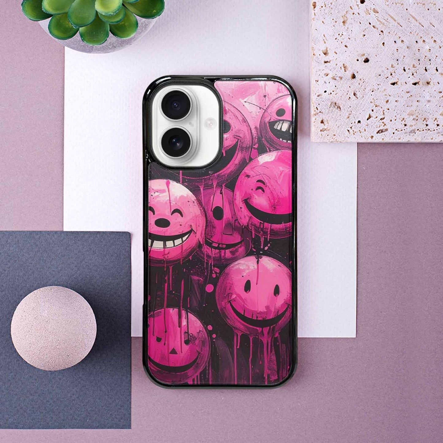 iPhone 16 Case — Melting Moon Smiley Black Pink Ink, Original Design Phone Case