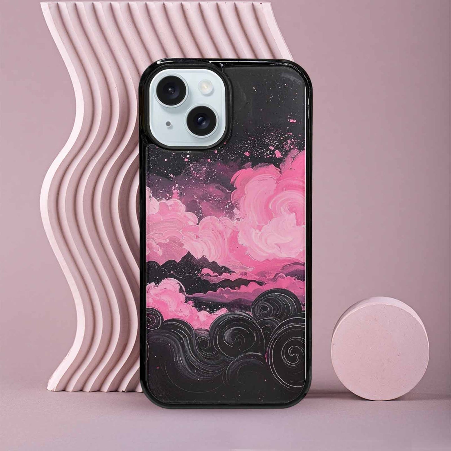 iPhone 15 Case — Van Gogh Swirl Black Pink Ink, Custom Designed Case Cover