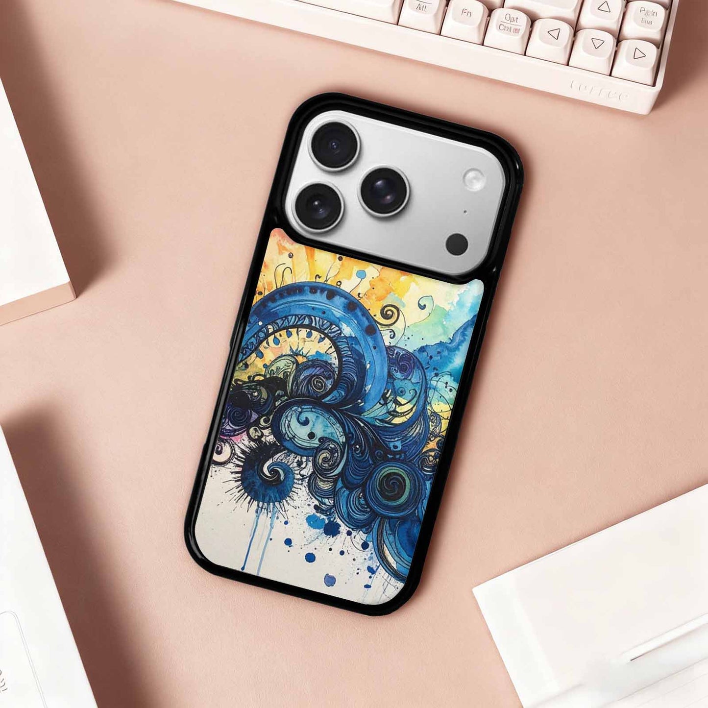 iPhone 17 Pro Case — Tie Dye Swirls Black Blue Tie, Custom Phone Case