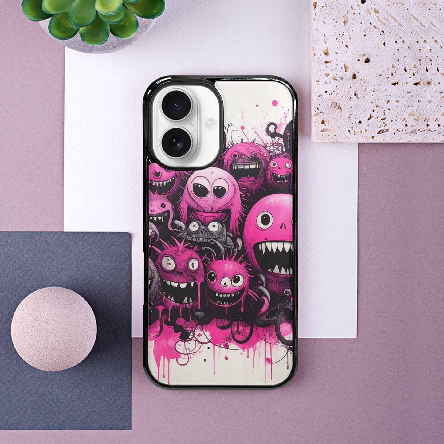 iPhone 16 Case — Monsters General Black Pink Ink Cartoon, Custom Art Phone Cover