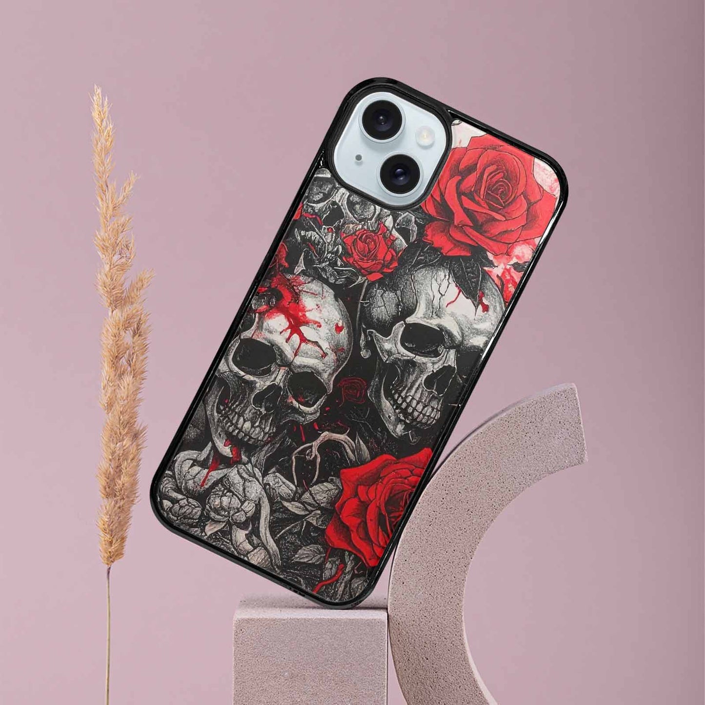 iPhone 15 Plus Case — Skull And Roses Black Red Ink, Unique Phone Case Design