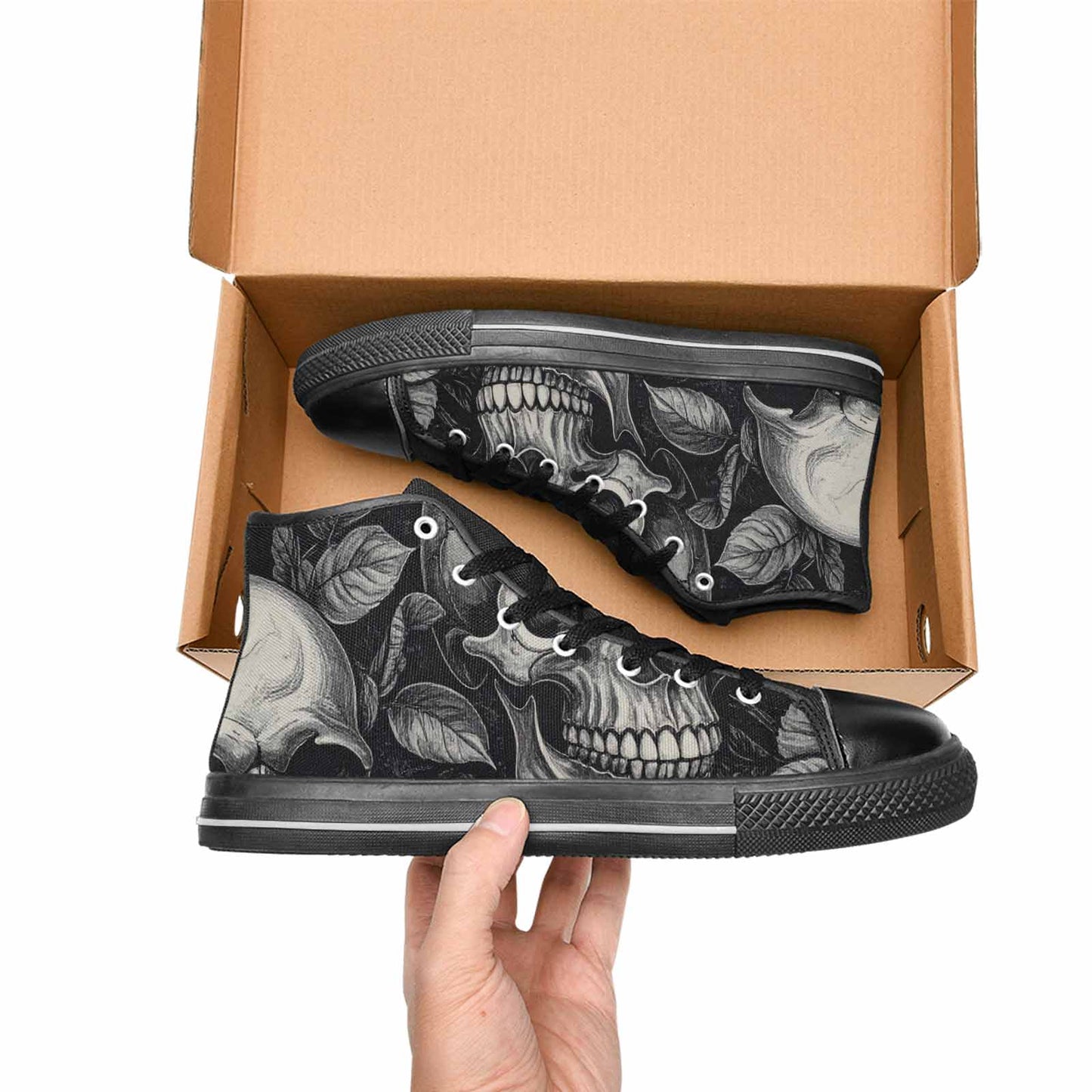 MEN'S Skulls Roses Black Ink High Top Canvas Grunge Sneakers