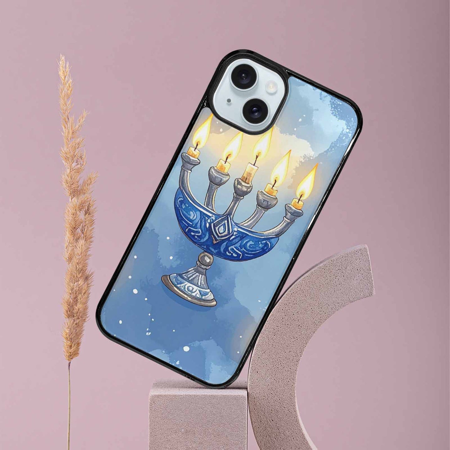 iPhone 15 Plus Case — Hanukkah Menorah Pattern Seamless Repeat Jewish, Custom Designed Case Cover