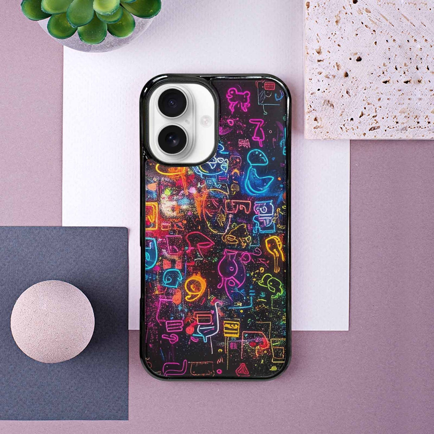 iPhone 16 Case — Neon Glow Outline Icon Pattern Hundreds, Custom Art Phone Cover