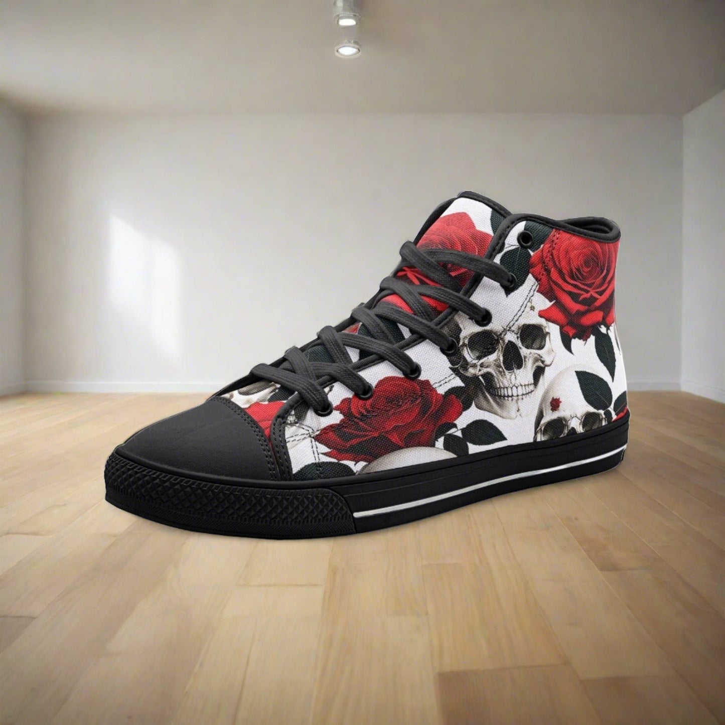 Custom Skulls & Roses high-top canvas shoes with bold all-over art — Freaky Shoes