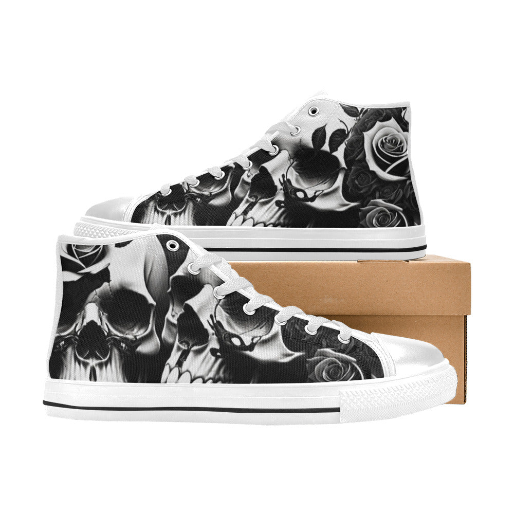 WOMEN'S Greyscale Style Skulls Roses High Top Canvas Dreamcore Custom Sneakers