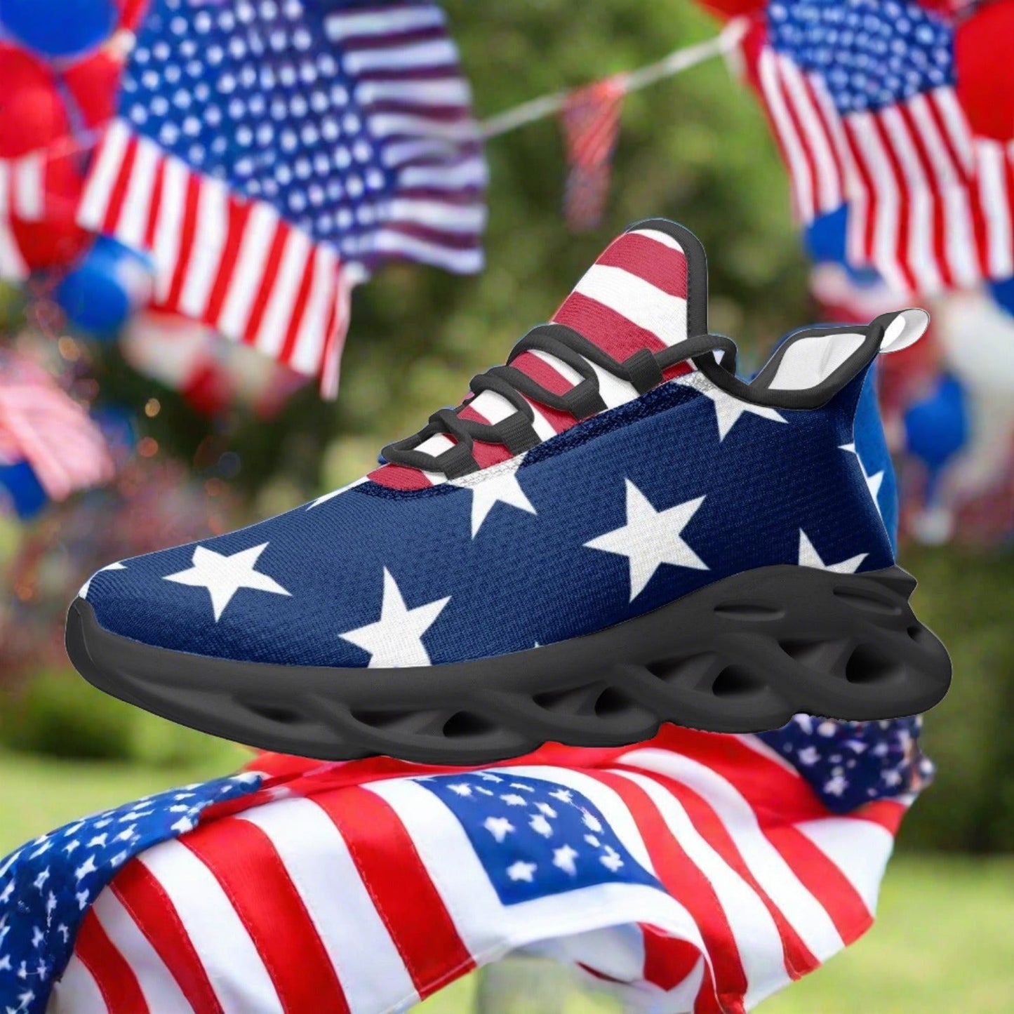Custom Patriotic USA Flag high-top canvas shoes with bold all-over art — Freaky Shoes