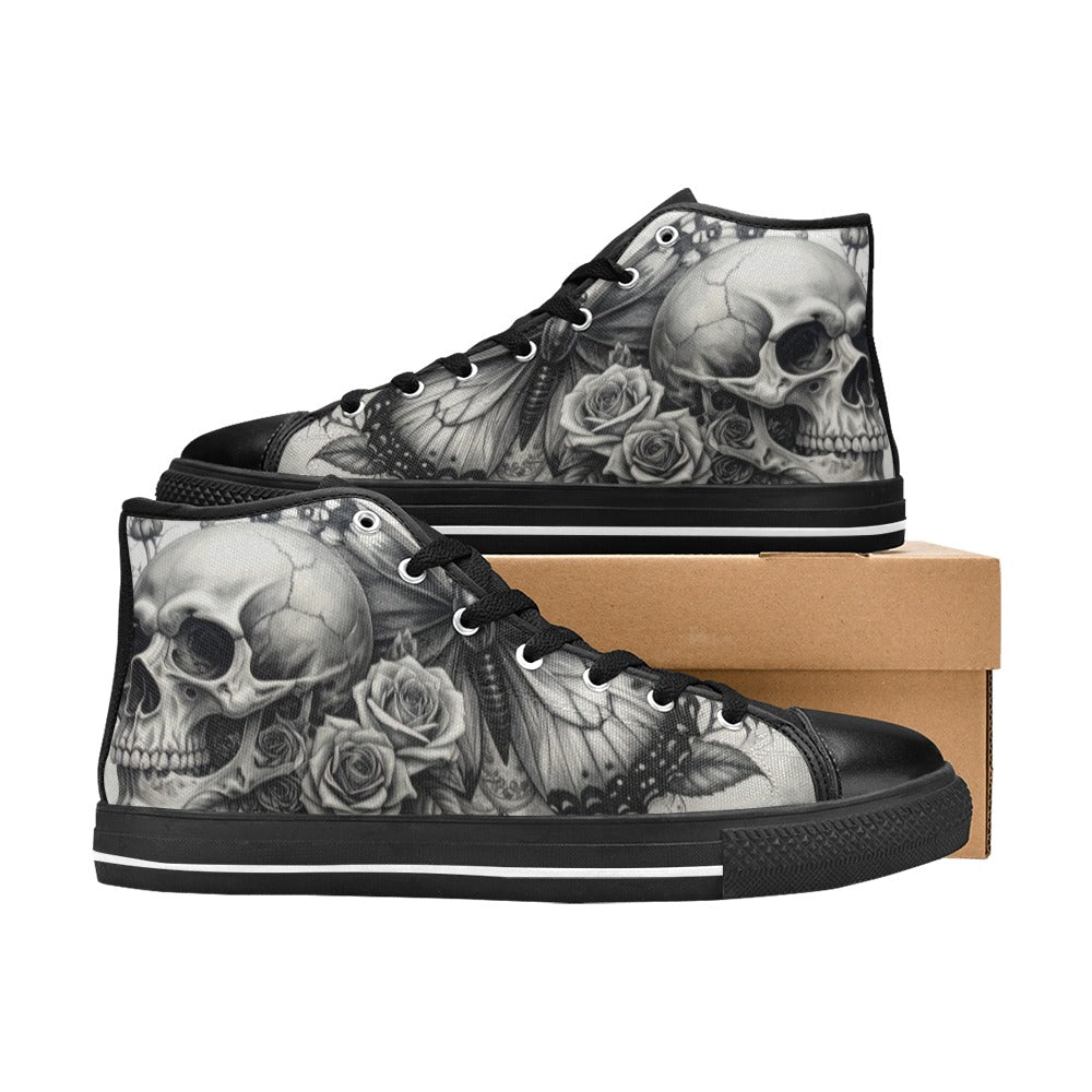 Grey Skull Roses Women's Dark Gothic Art High Top Canvas Shoes | Freaky Shoes®