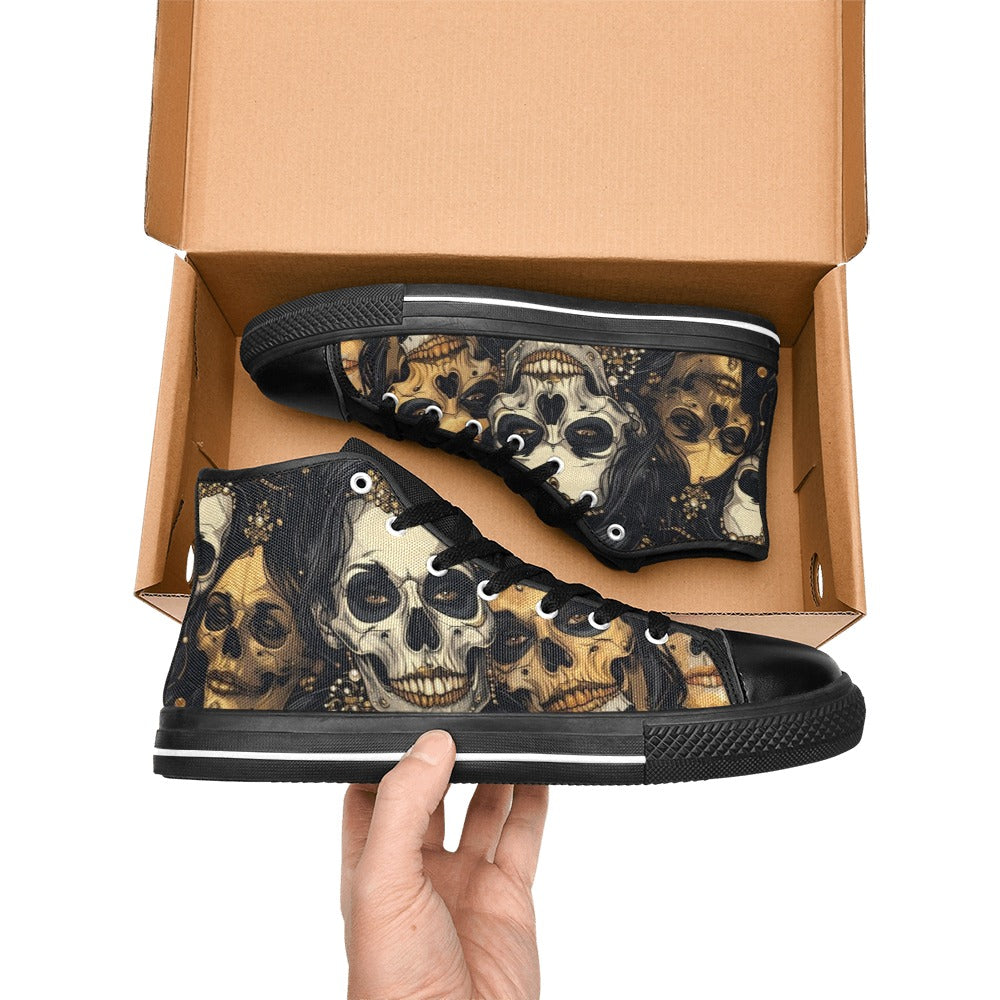 WOMEN'S Dark Glamour Skull Jewels High Top Canvas Grunge Custom Shoes