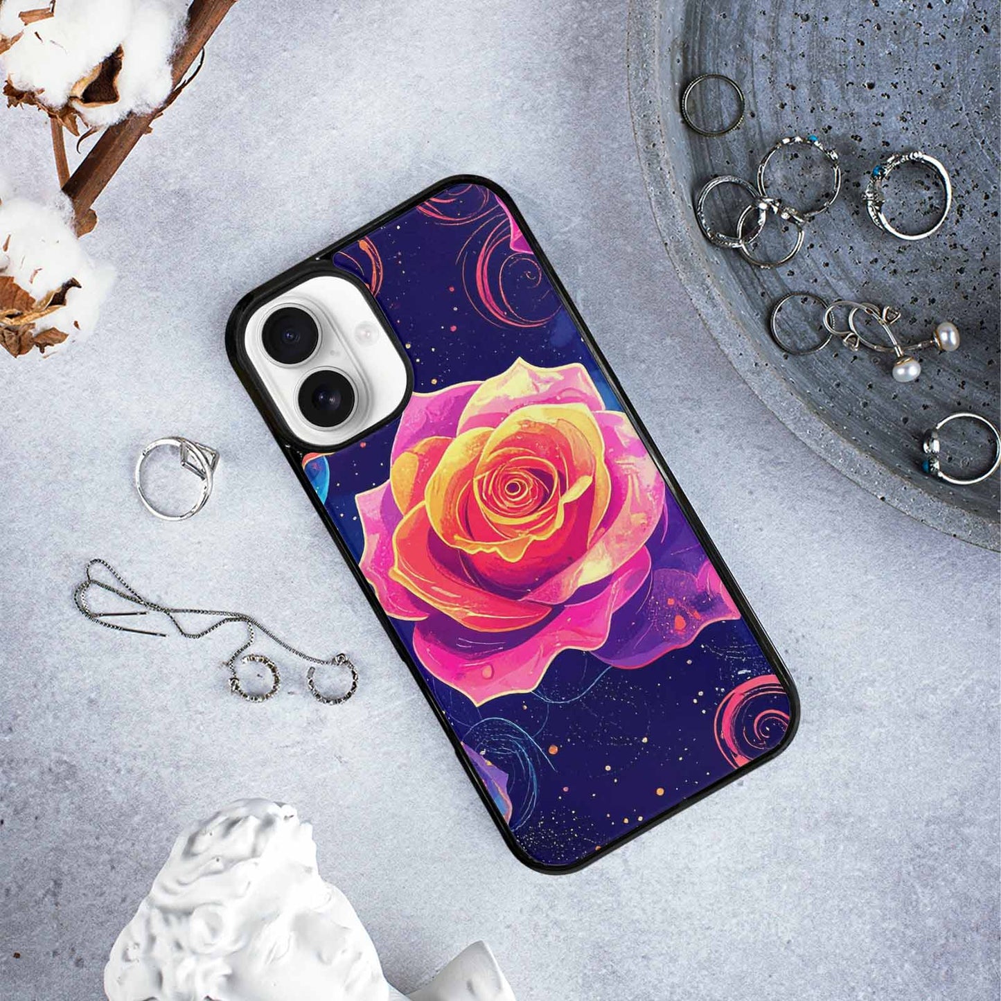 iPhone 16 Plus Case — Rose Galaxy Art Seamless Pattern Vibrant, Custom Print Case Cover