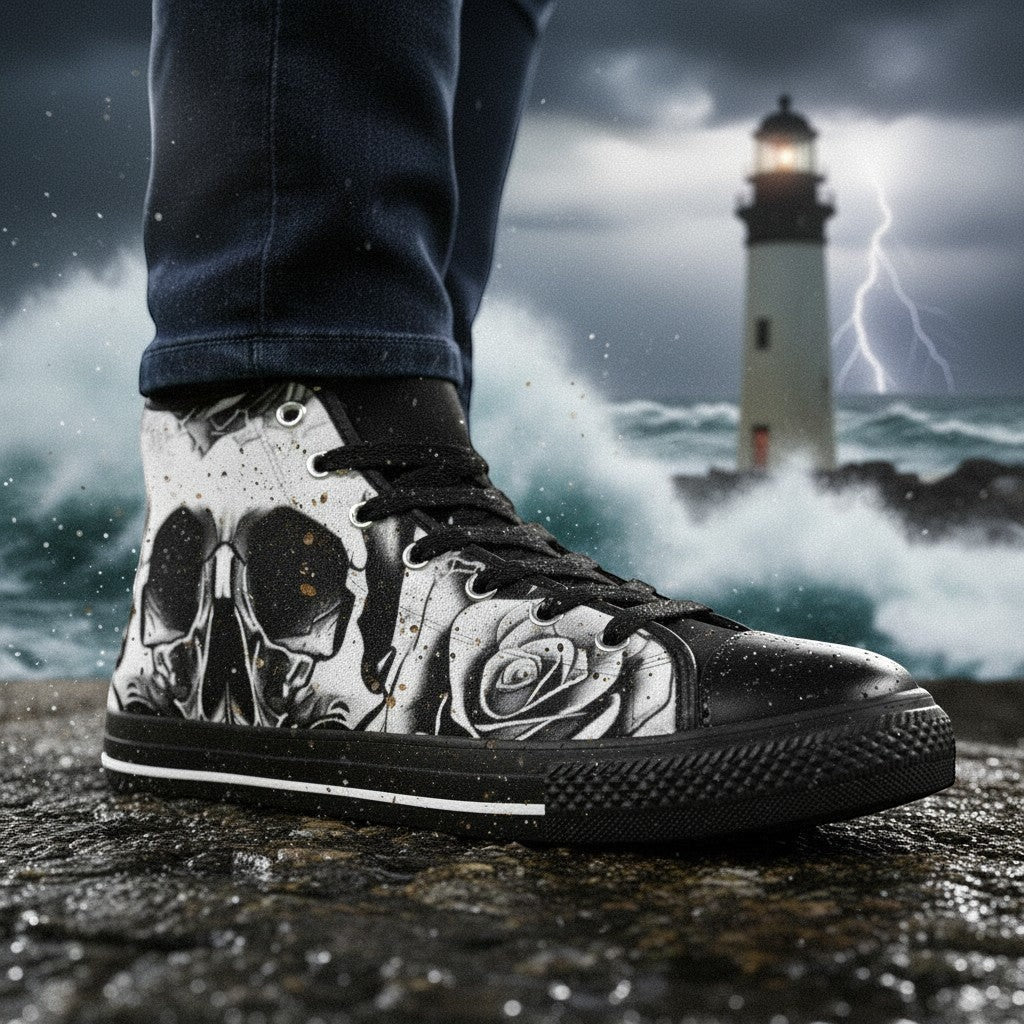 Women's Grey Skull & Roses Black & White high-top canvas shoes — one-of-a-kind custom printed art, Freaky Shoes