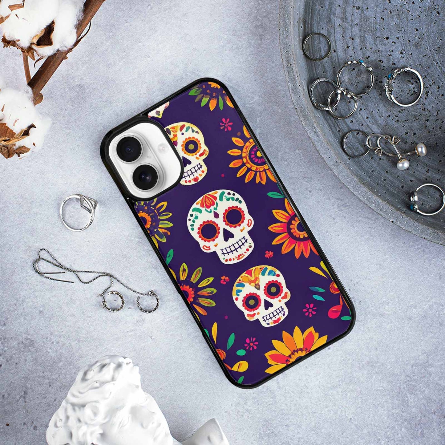 iPhone 16 Plus Case — Sunflowers Hundreds Of Skulls Art Seamless, Unique Phone Case Design