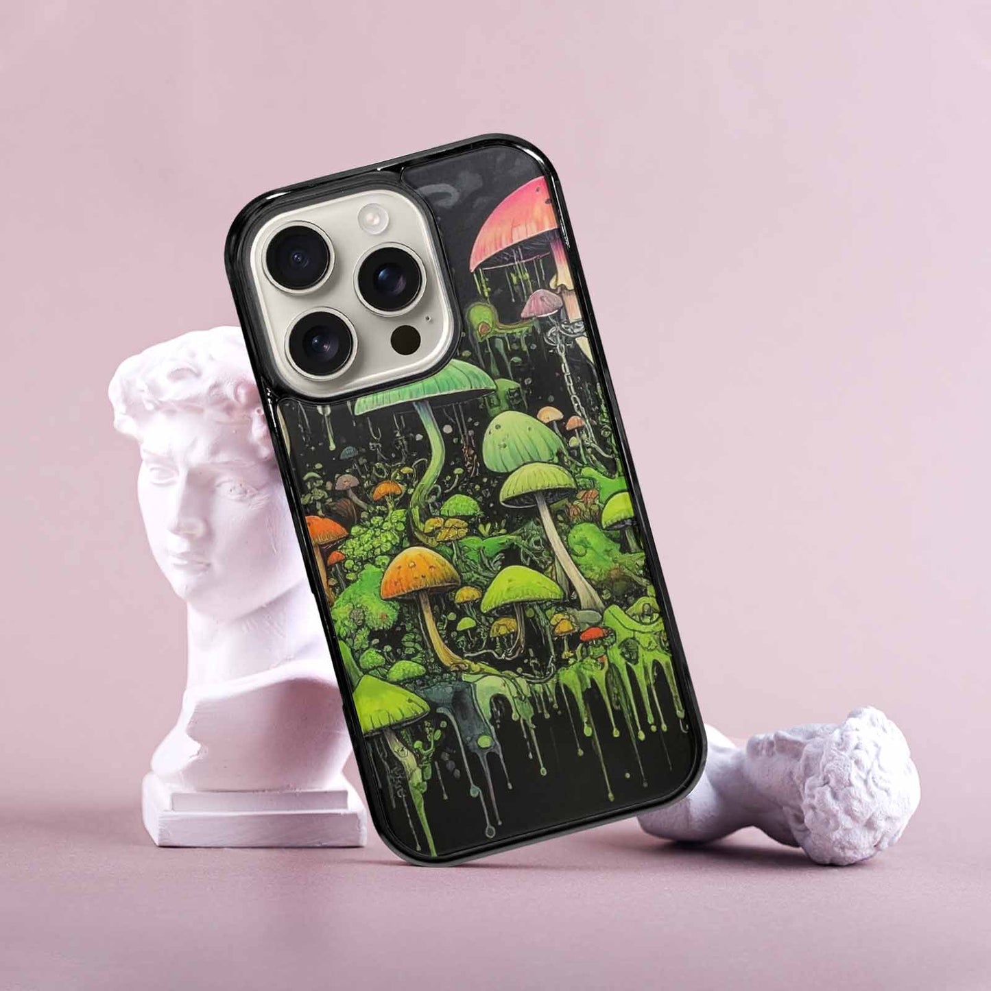 iPhone 16 Pro Case — Rainbow Drip Mushrooms Black Green Ink, Custom Printed Phone Case