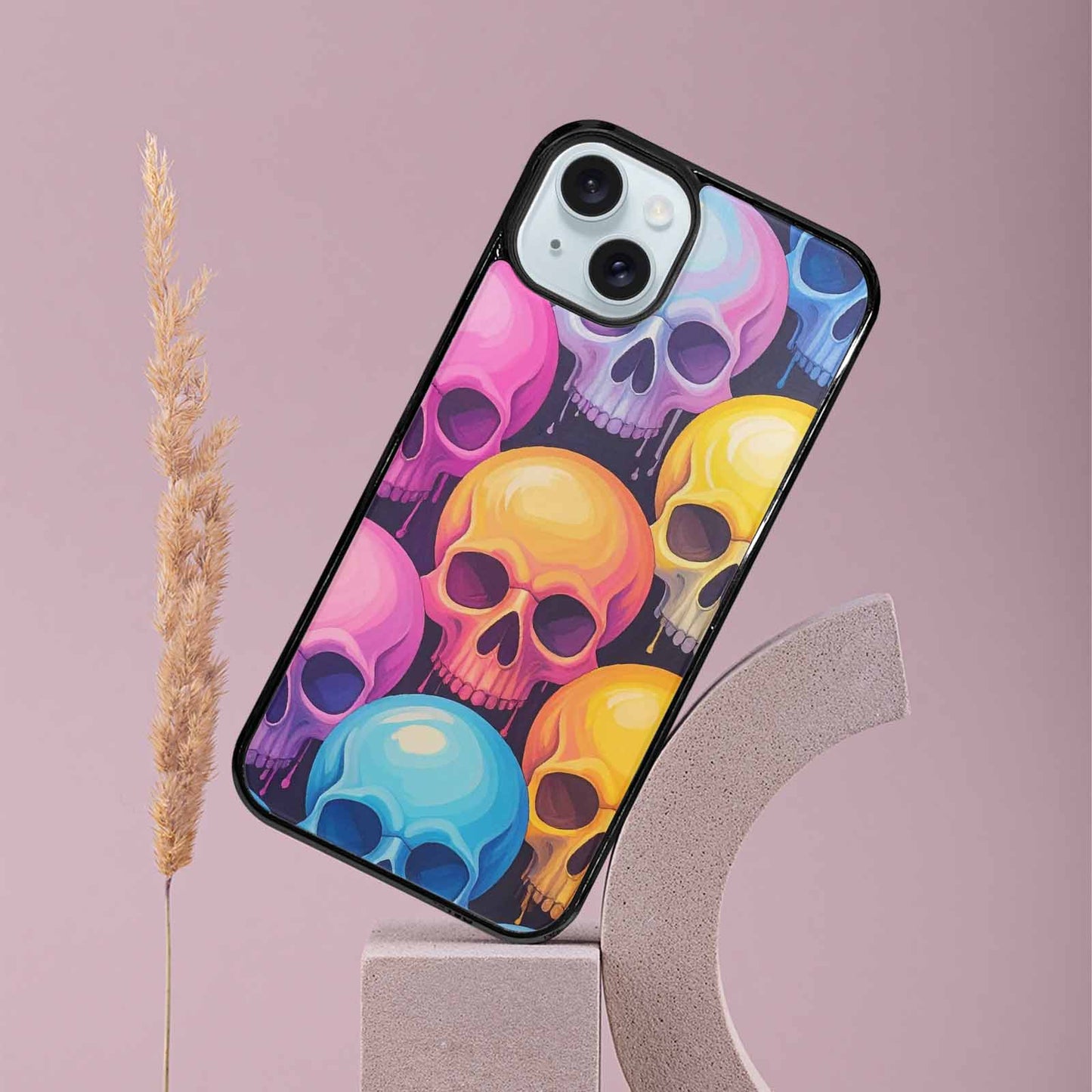 iPhone 15 Plus Case — Dripping Candy Skulls, Custom Printed Phone Case