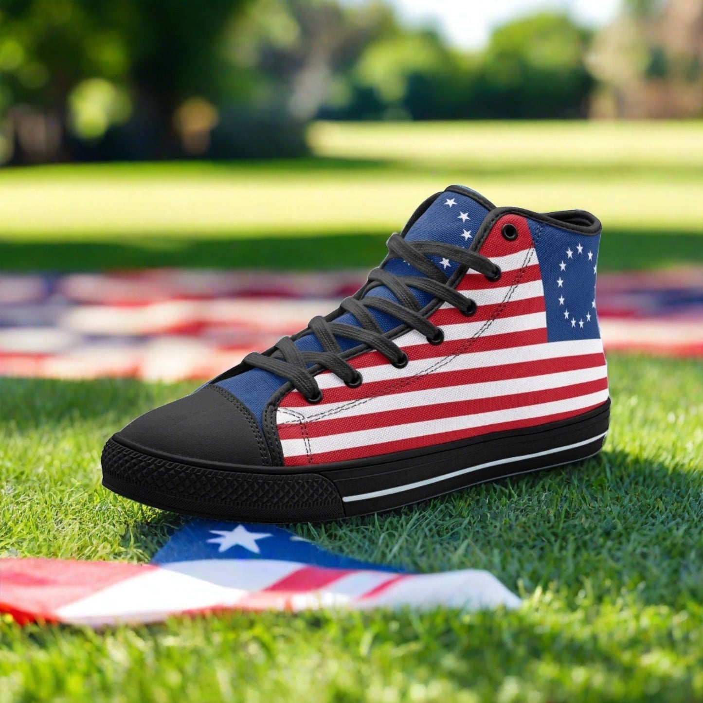 Custom Betsy Ross Flag high-top canvas shoes with bold all-over art — Freaky Shoes
