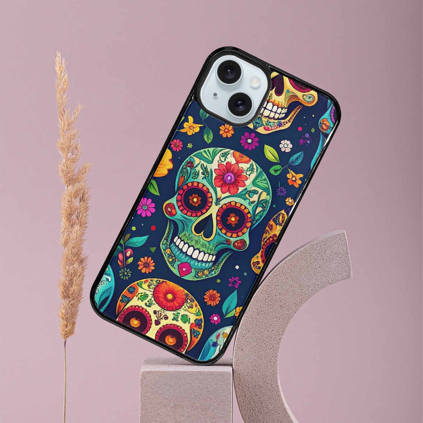 iPhone 15 Plus Case — Rainbow Sugar Skull Weave, Custom Phone Case