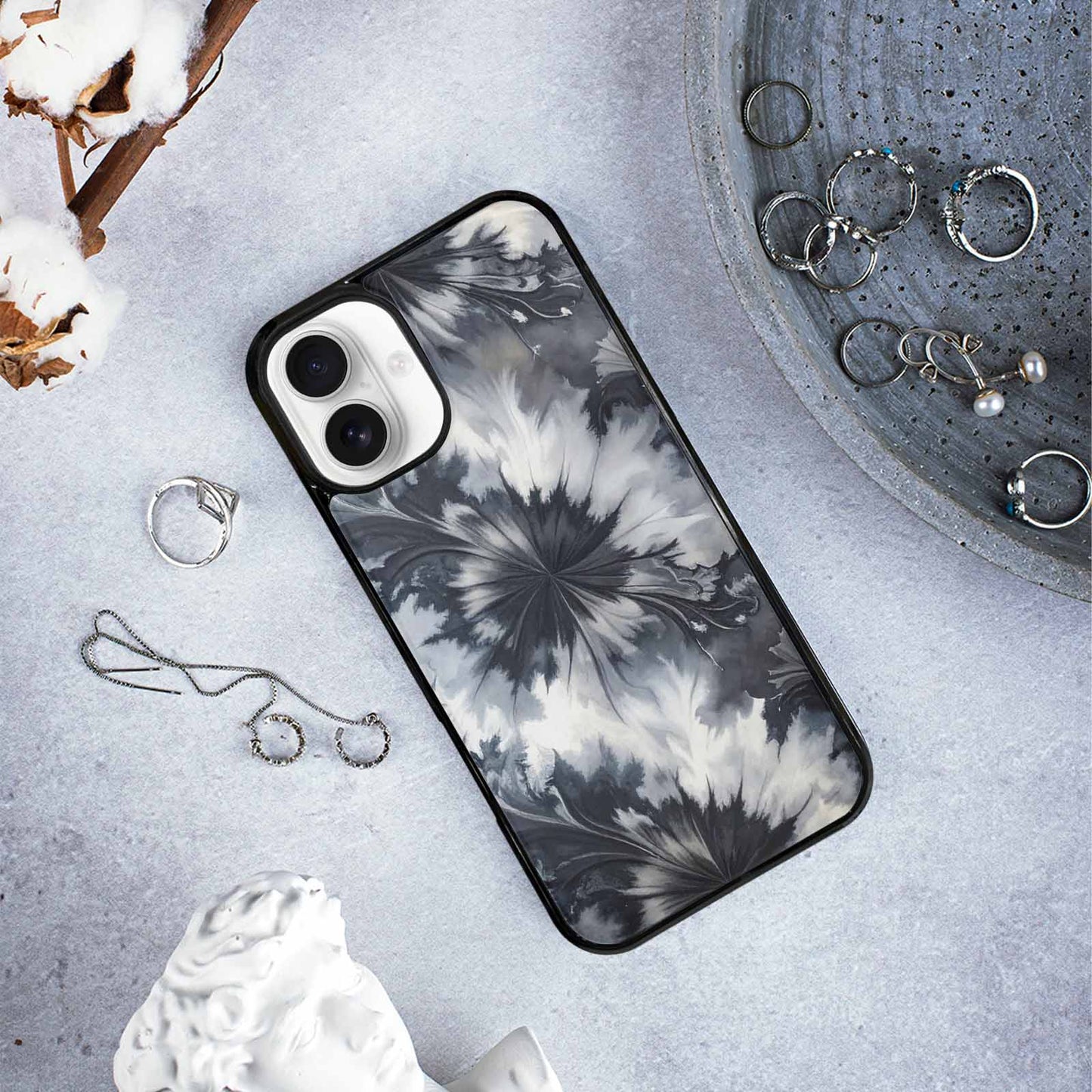 iPhone 16 Plus Case — Tie Dye Black And Gray Blended, Custom Printed Phone Case
