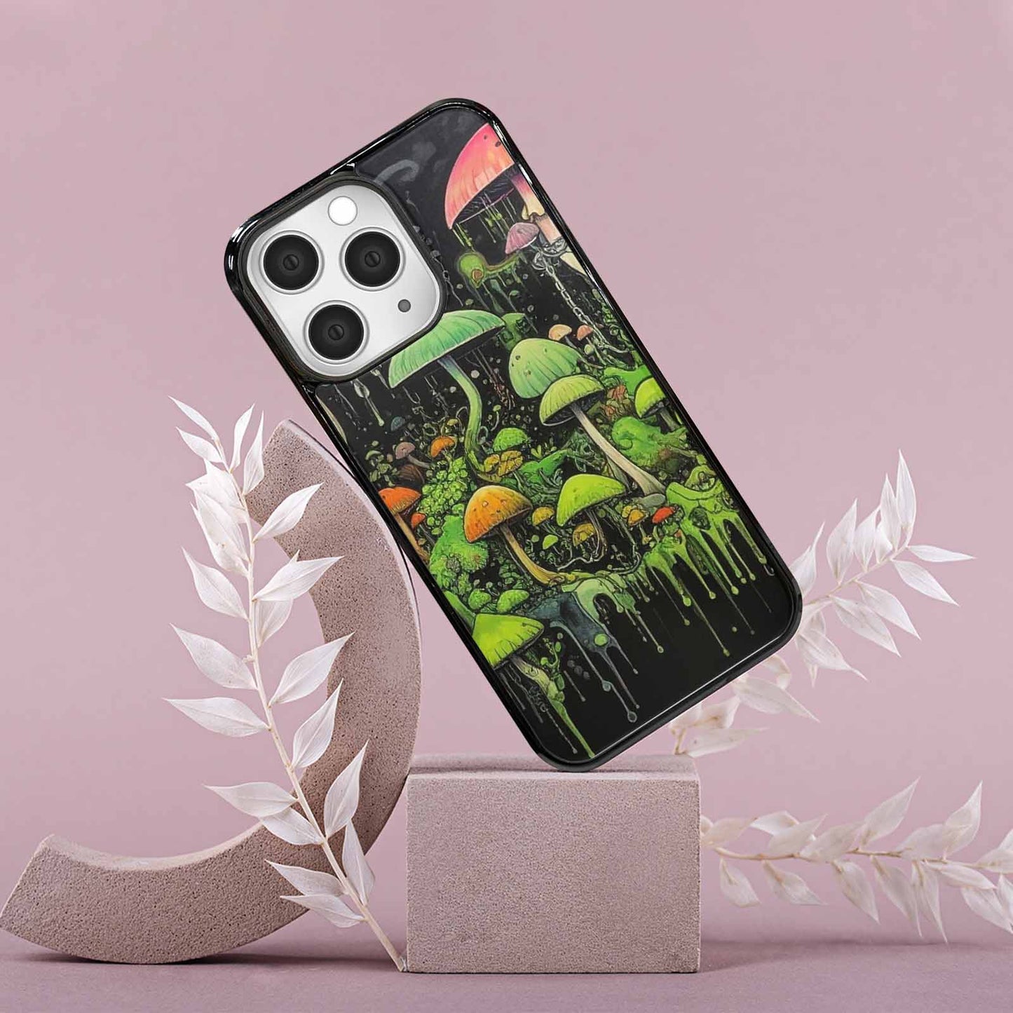 iPhone 15 Pro Max Case — Rainbow Drip Mushrooms Black Green Ink, Unique Phone Case Design
