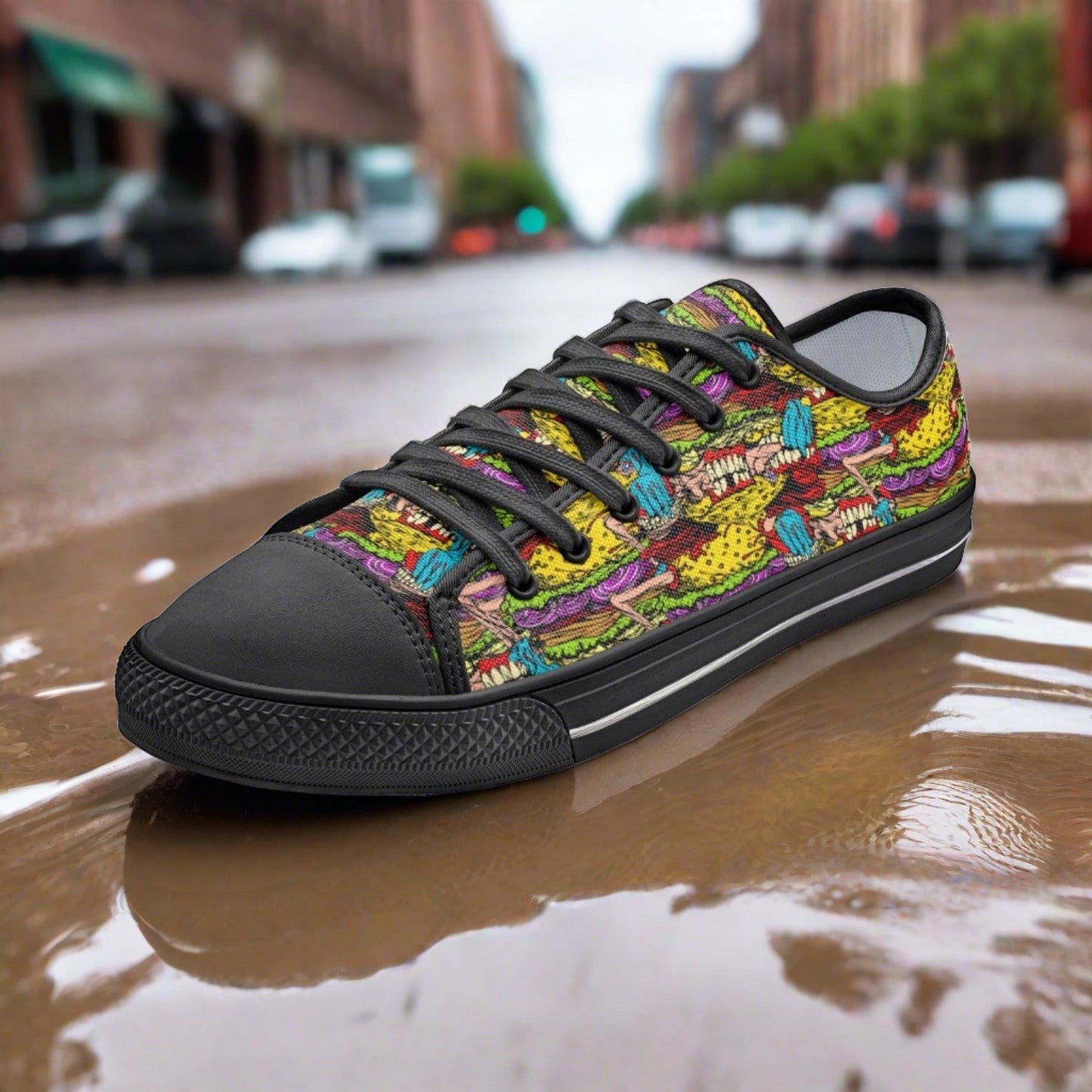 Cheeseburger Monster hand-made low-top canvas shoes — unique wearable art by Freaky Shoes