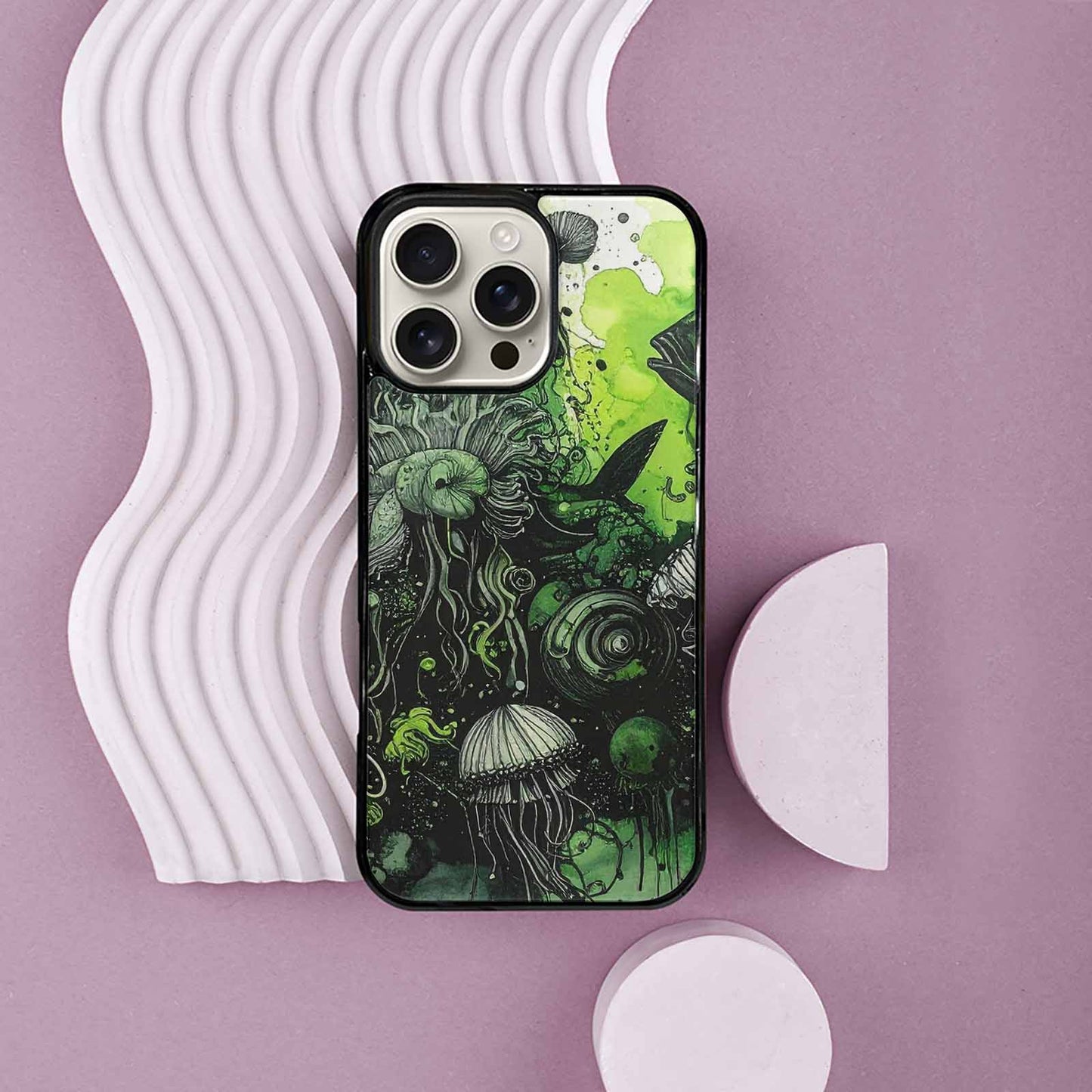 iPhone 16 Pro Max Case — Sea Creature Burst Black Green Ink, Original Design Phone Case
