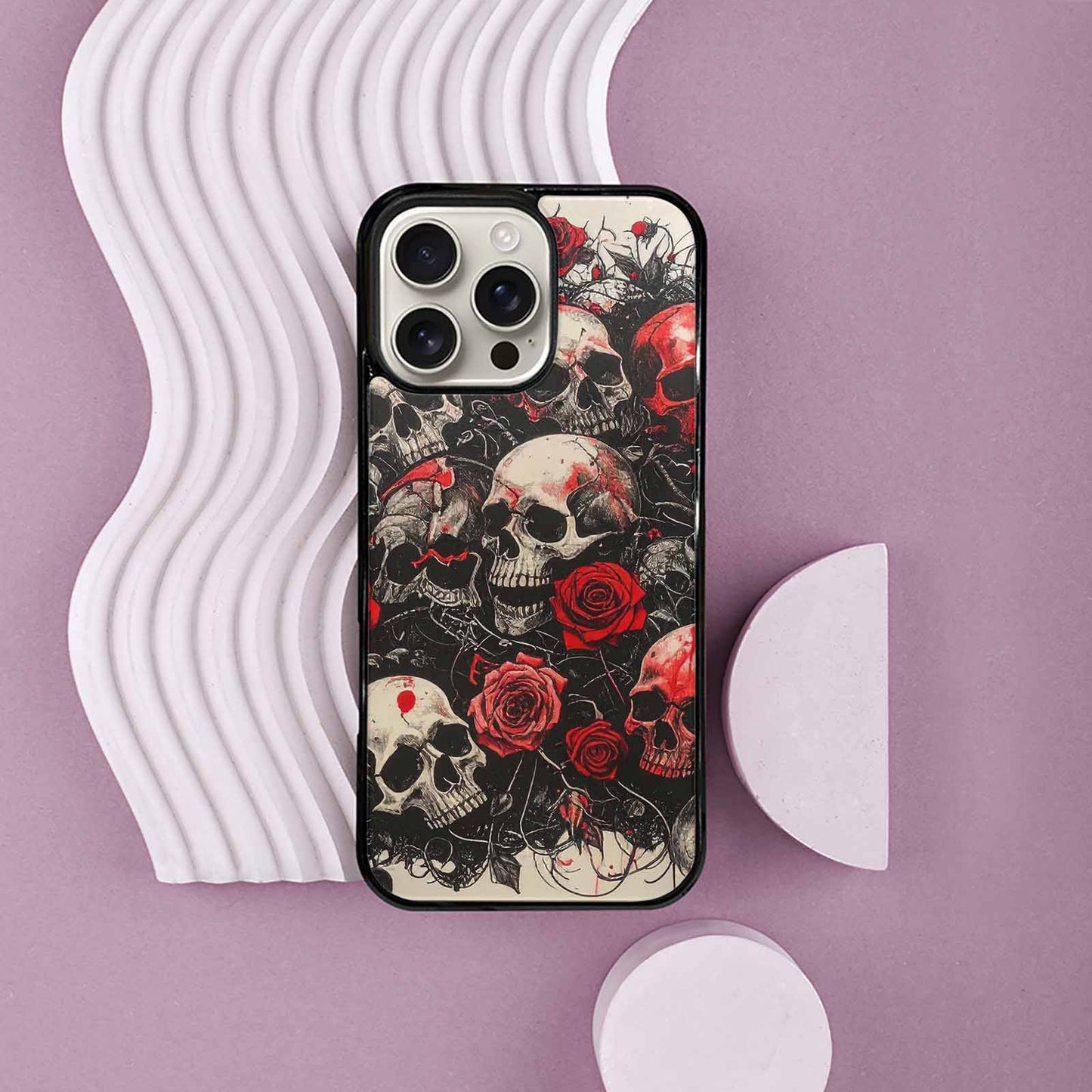 iPhone 16 Pro Max Case — Skull And Roses Black Red Ink, Custom Printed Phone Case