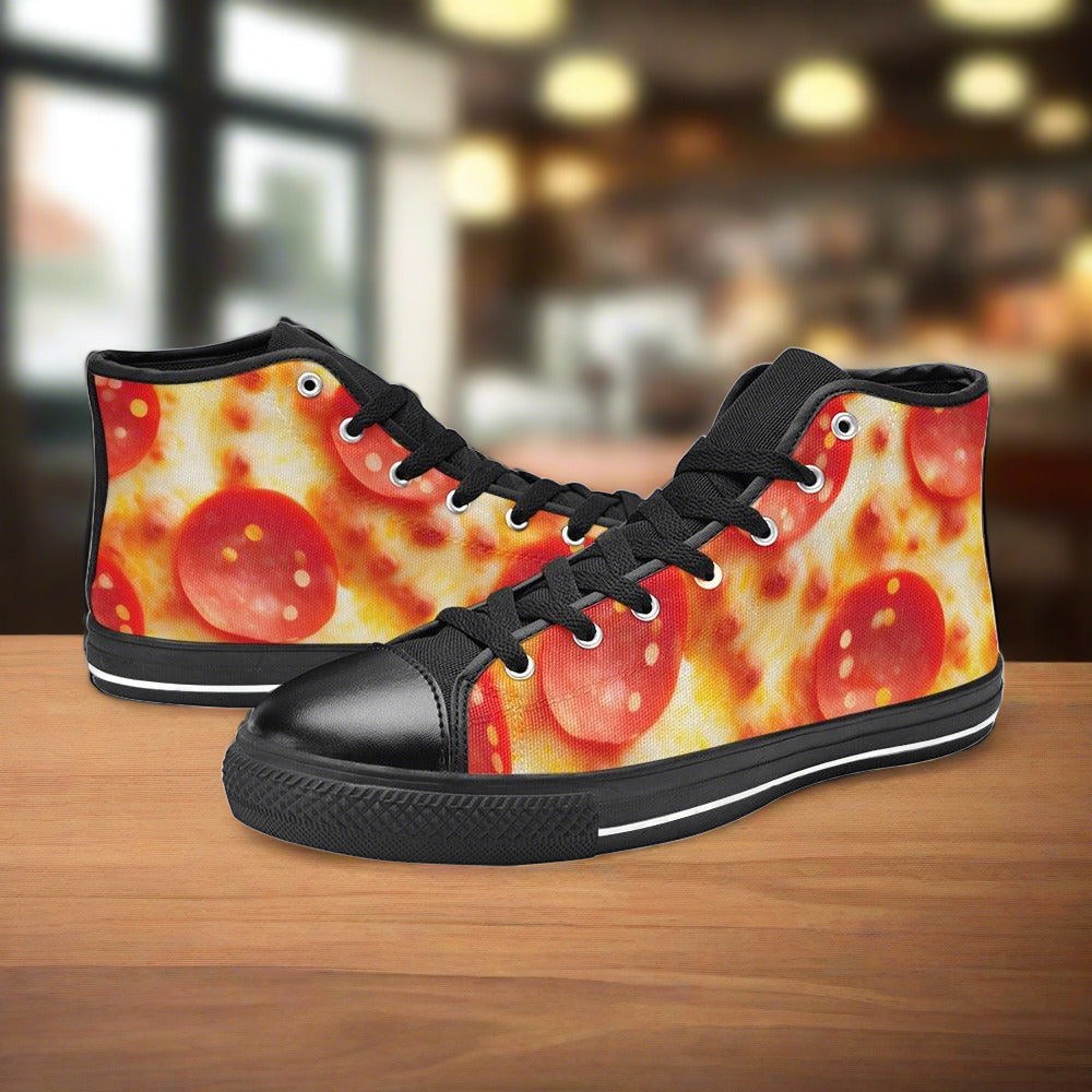 Men's Pepperoni Pizza Cheese Closeup hand-made high-top canvas shoes — unique wearable art by Freaky Shoes