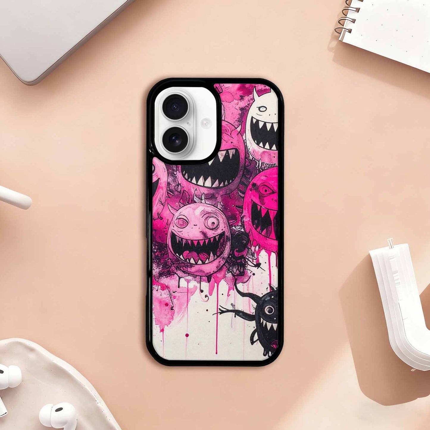 iPhone 17 Case — Black & Pink Ink Cartoon Cute, Customized Protective Case