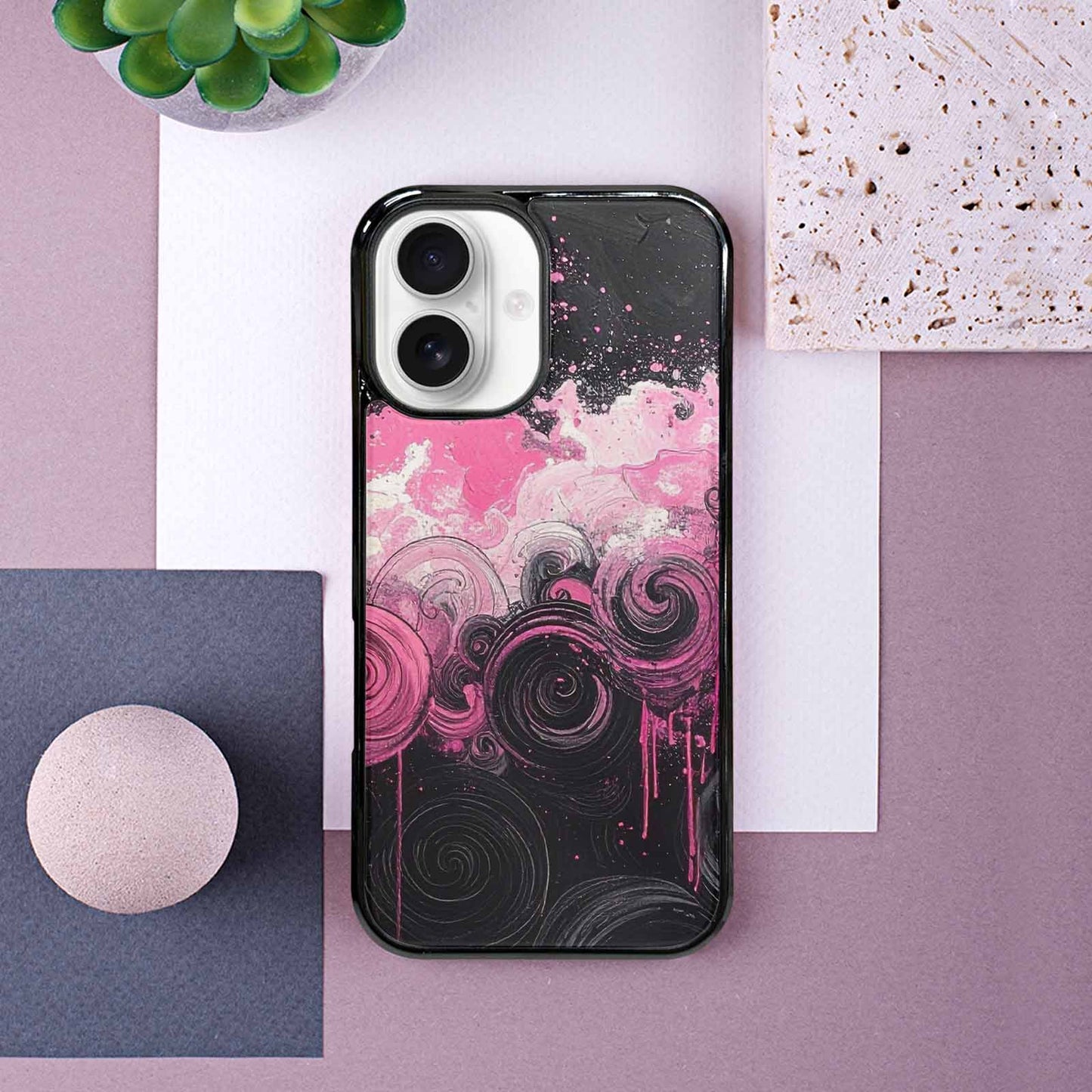 iPhone 16 Case — Van Gogh Swirl Black Pink Ink, Custom Made Phone Cover