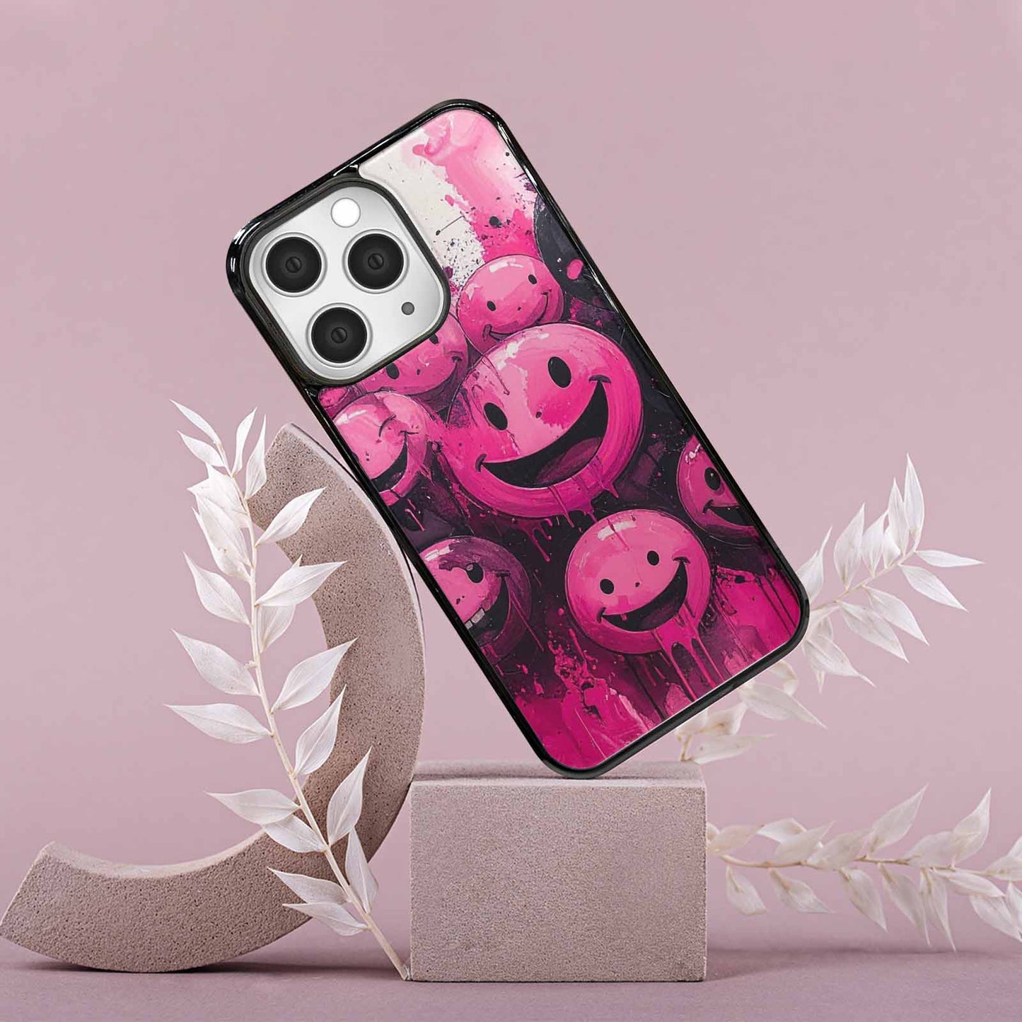 iPhone 15 Pro Max Case — Melting Moon Smiley Black Pink Ink, Custom Phone Case