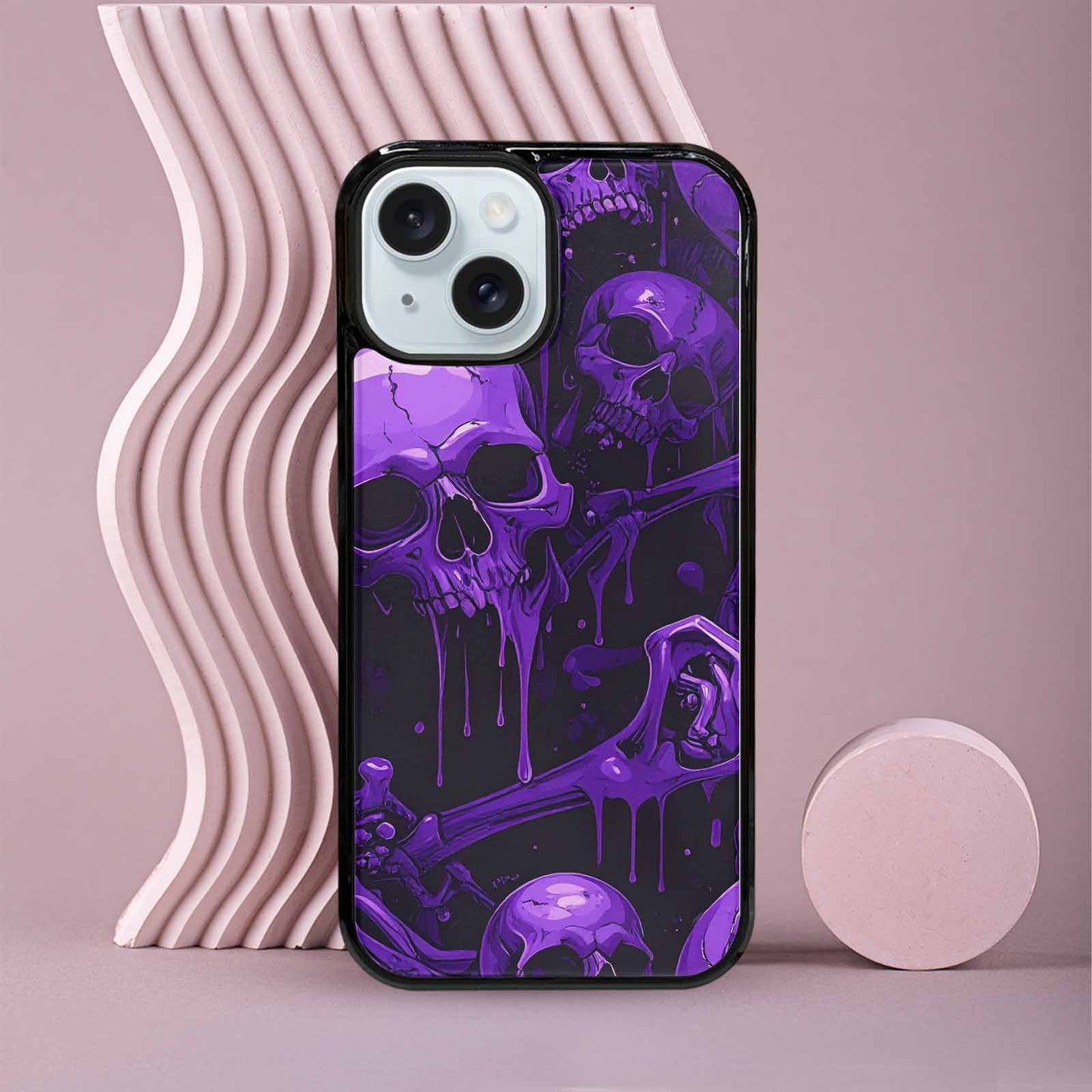 iPhone 15 Case — Monochrome Purple Skeletons Neon Drip Melting, Customized Protective Case