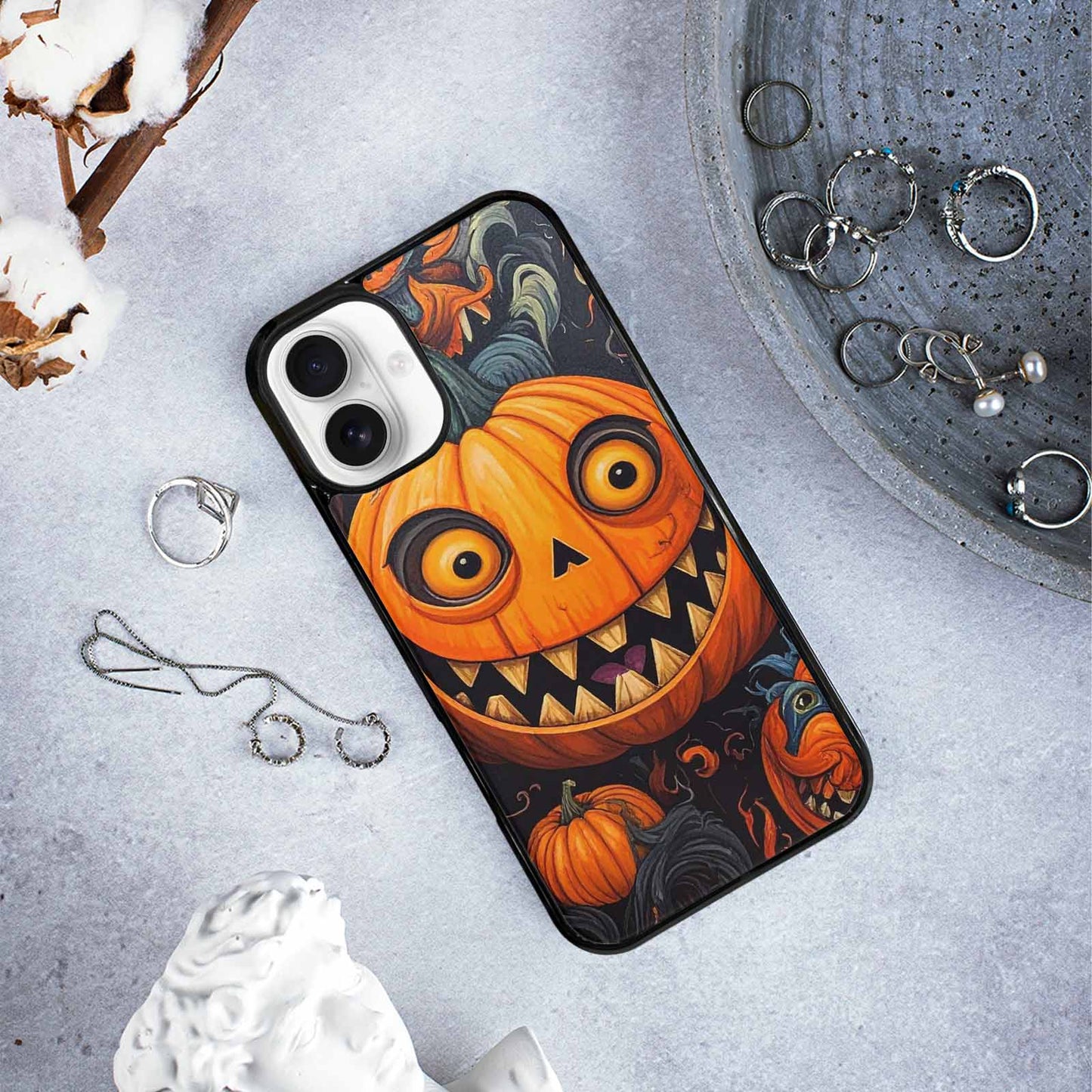 iPhone 16 Plus Case — Cartoon Pumpkin Monster, Custom Art Phone Cover
