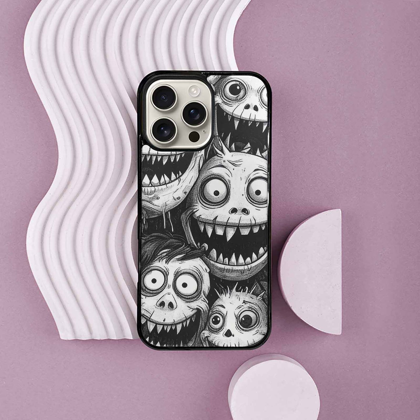 iPhone 16 Pro Max Case — Black And White Monster Face Collage, Original Design Phone Case
